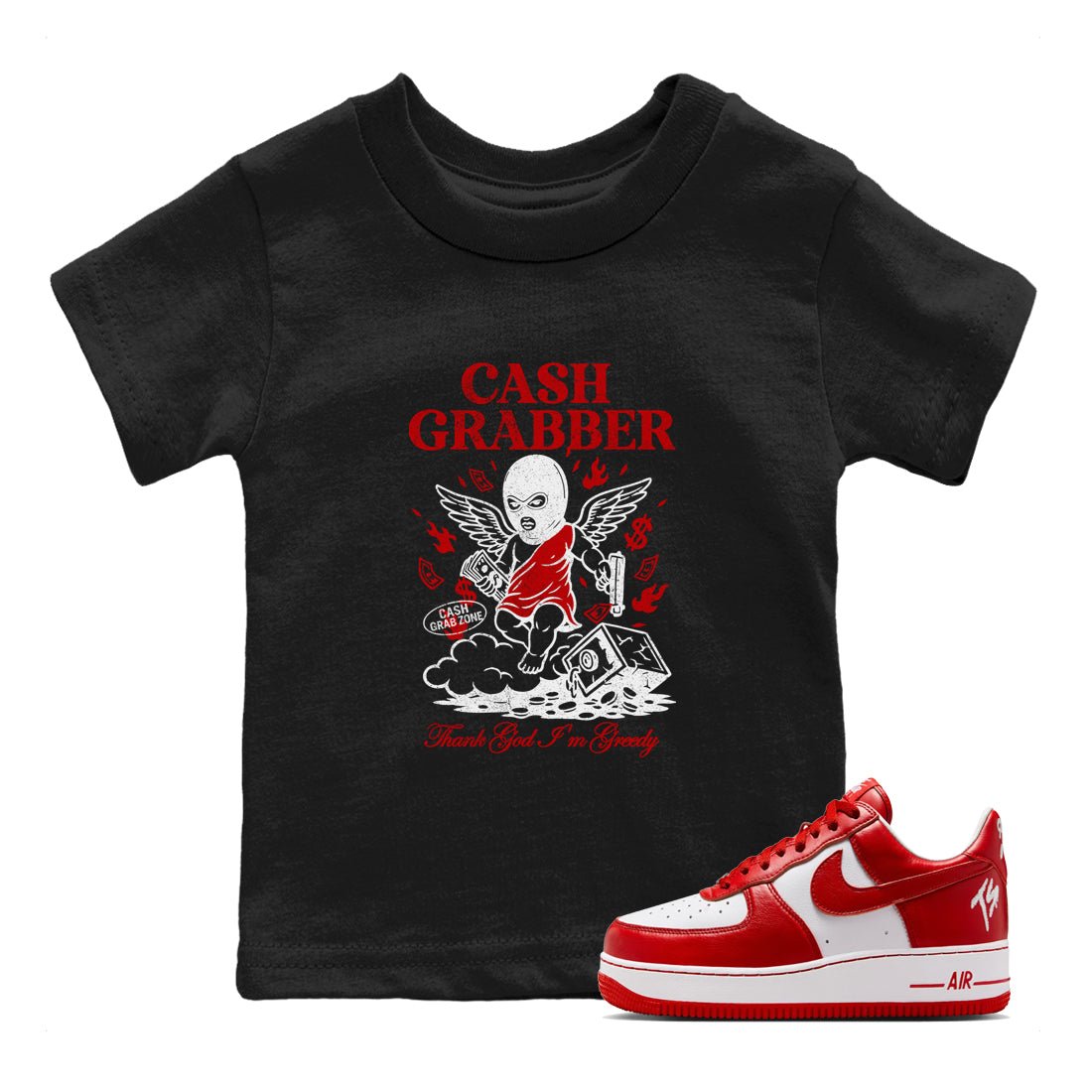 Cash Grabber baby and kids t-shirt crafted for little sneakerheads to shine with the Air Force 1 University Red sneakers, displayed in Black 1.