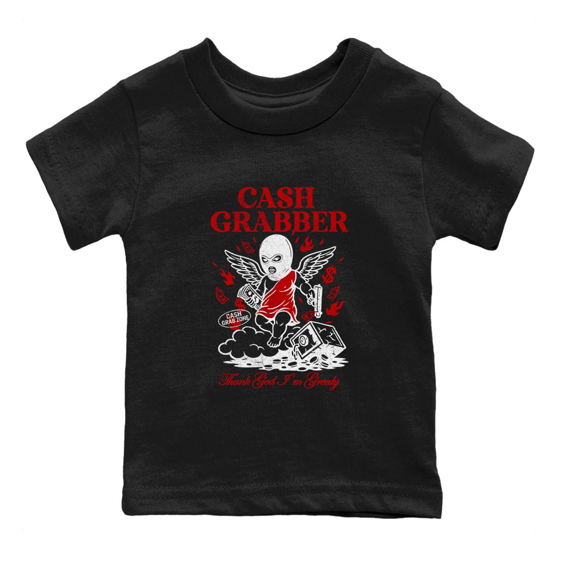 Cash Grabber baby and kids t-shirt crafted for little sneakerheads to shine with the Air Force 1 University Red sneakers, displayed in Black 2.
