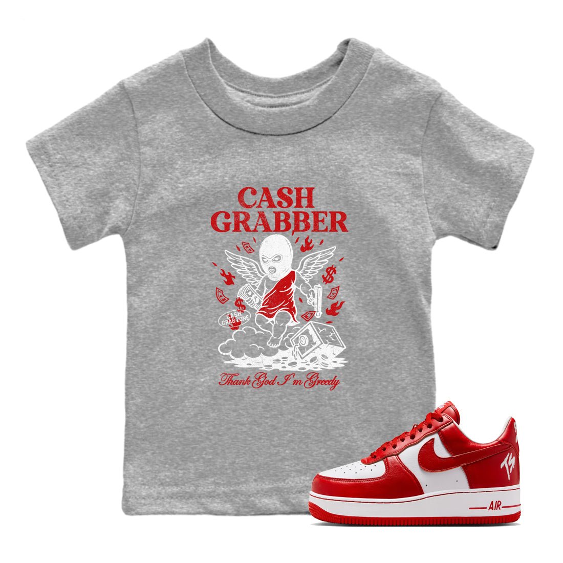 Cash Grabber baby and kids t-shirt crafted for little sneakerheads to shine with the Air Force 1 University Red sneakers, displayed in Heather Grey 1.