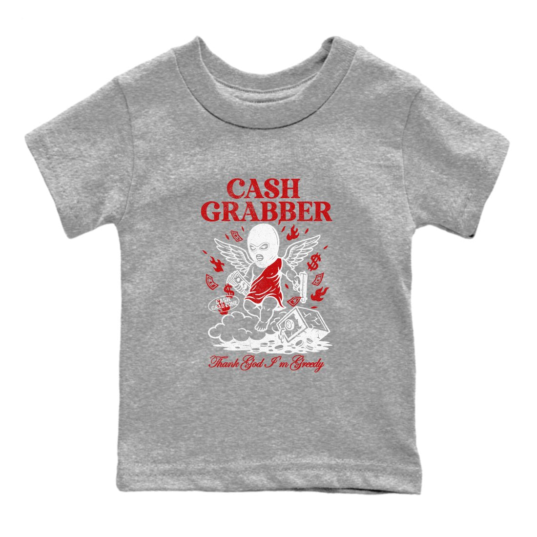 Cash Grabber baby and kids t-shirt crafted for little sneakerheads to shine with the Air Force 1 University Red sneakers, displayed in Heather Grey 2.