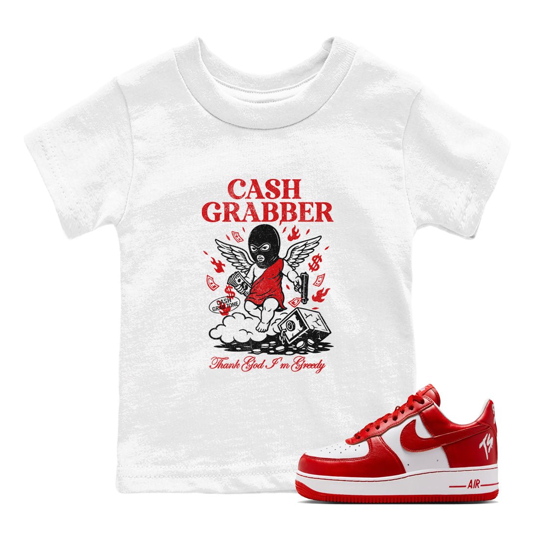 Cash Grabber baby and kids t-shirt crafted for little sneakerheads to shine with the Air Force 1 University Red sneakers, displayed in White 1.