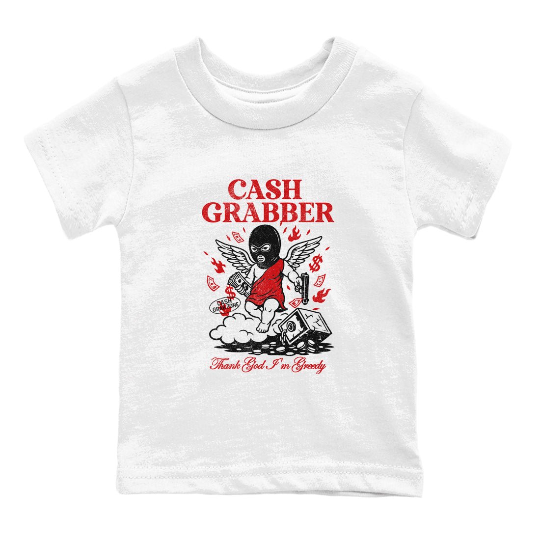 Cash Grabber baby and kids t-shirt crafted for little sneakerheads to shine with the Air Force 1 University Red sneakers, displayed in White 2.