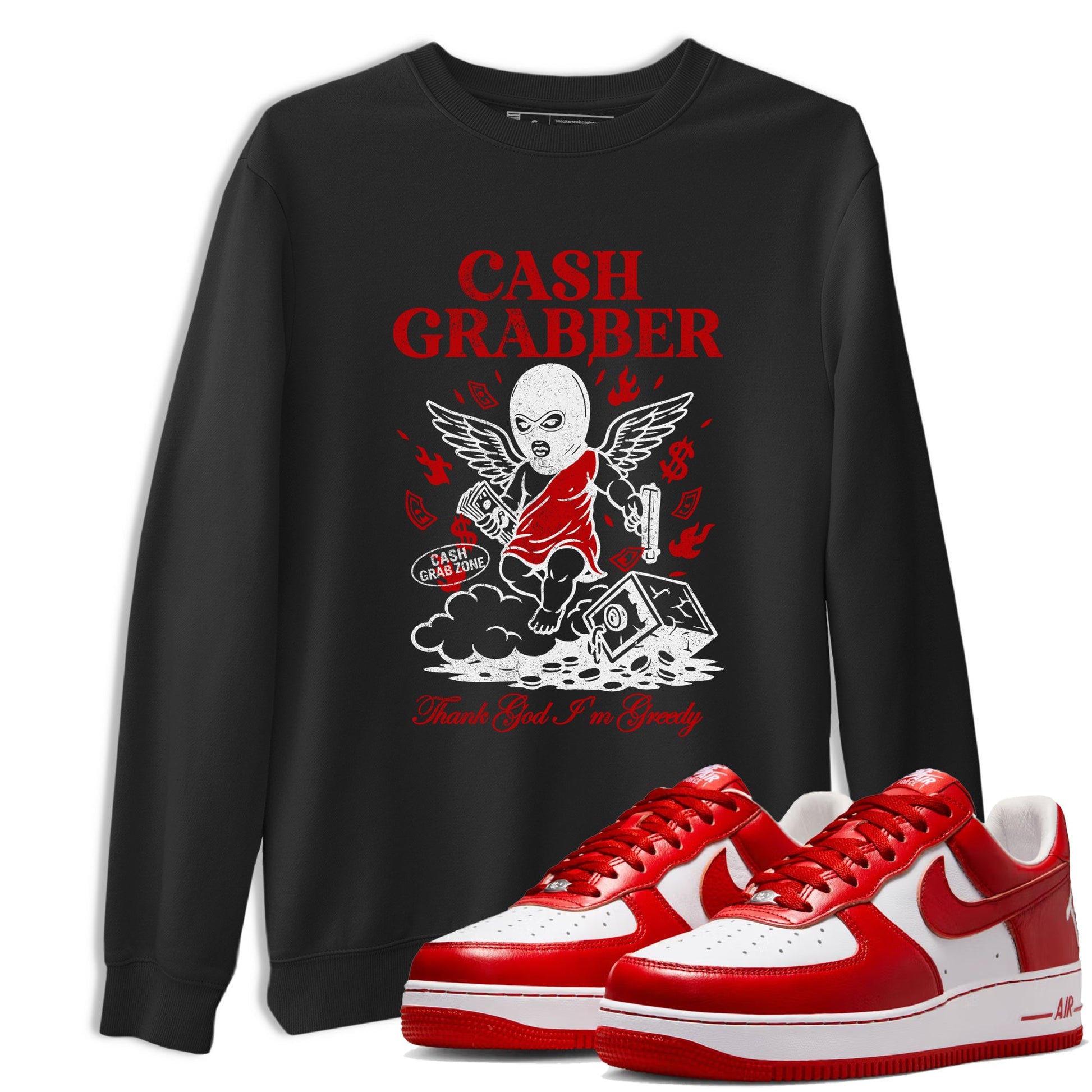 Cash Grabber sneaker match t-shirt styled to complete your fit with the Air Force 1 University Red sneakers, shown in Black 1.