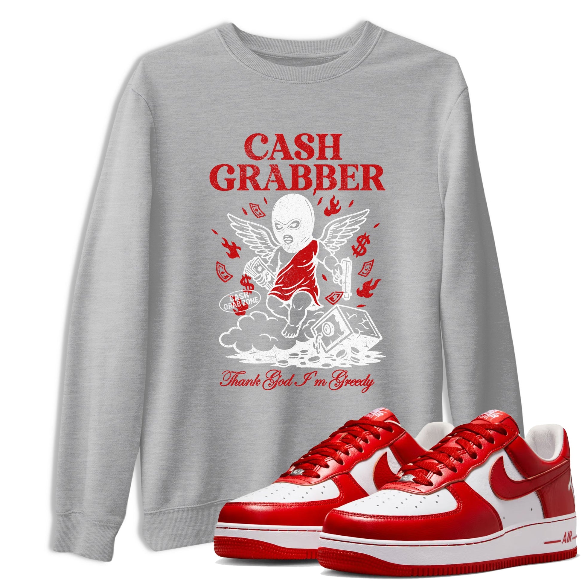 Cash Grabber sneaker match t-shirt styled to complete your fit with the Air Force 1 University Red sneakers, shown in Heather Grey 1.