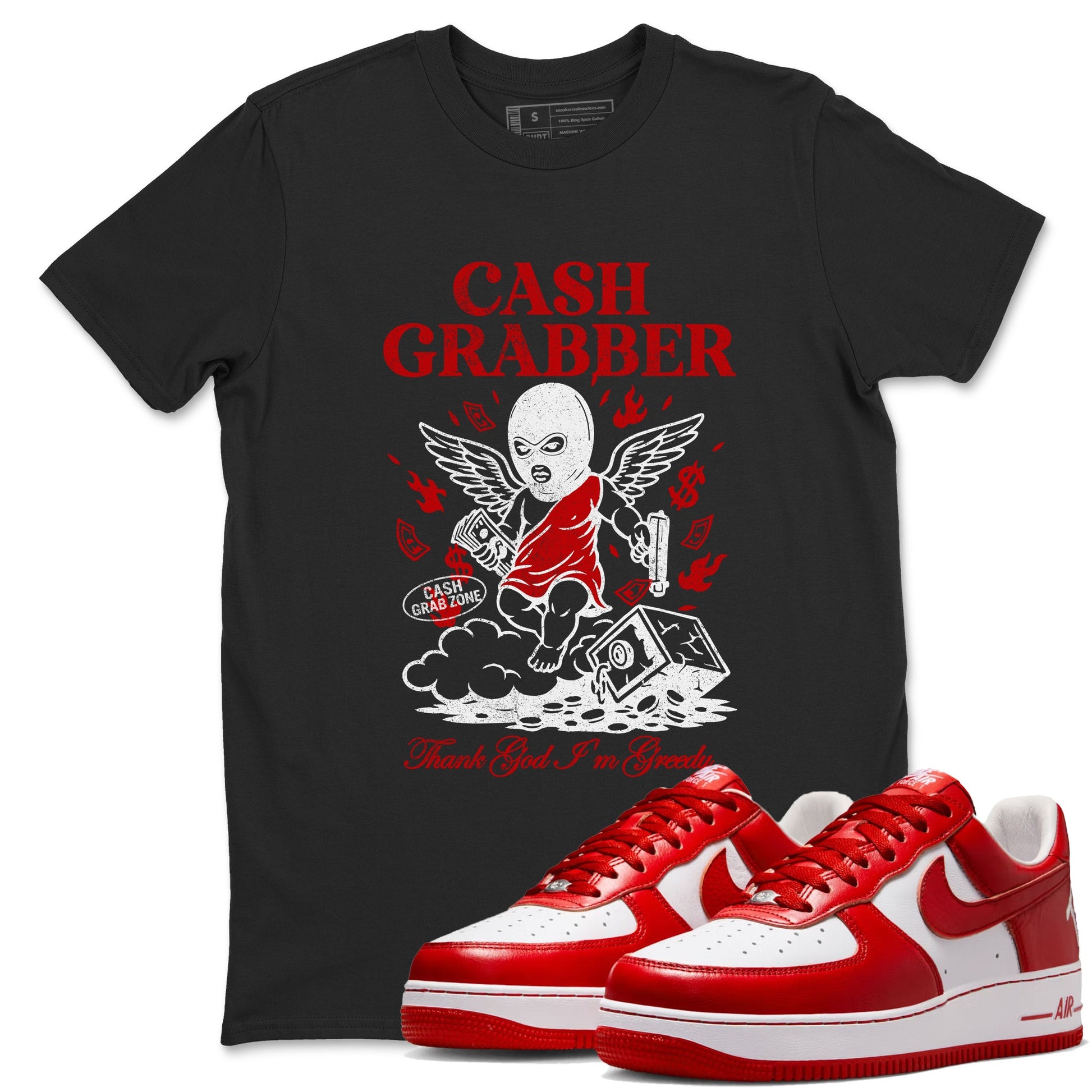 Cash Grabber sneaker match t-shirt styled to complete your fit with the Air Force 1 University Red sneakers, shown in Black 1.