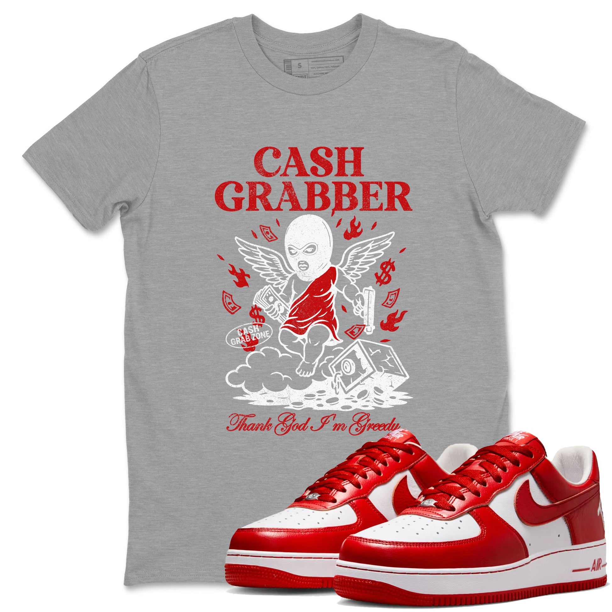 Cash Grabber sneaker match t-shirt styled to complete your fit with the Air Force 1 University Red sneakers, shown in Heather Grey 1.