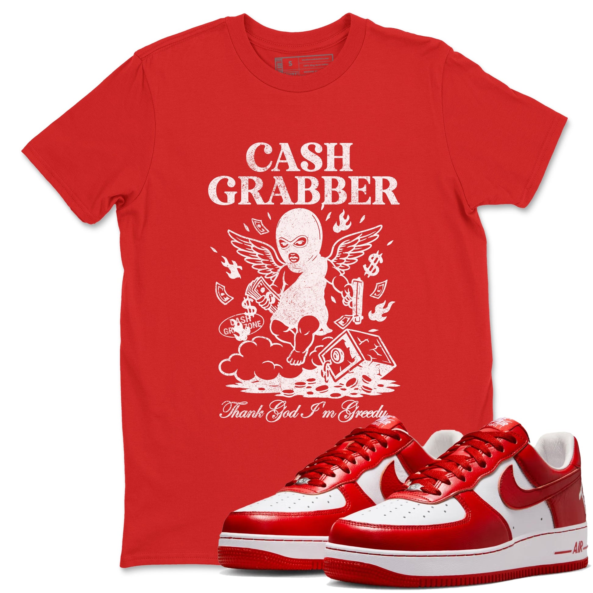 Cash Grabber sneaker match t-shirt styled to complete your fit with the Air Force 1 University Red sneakers, shown in Red 1.