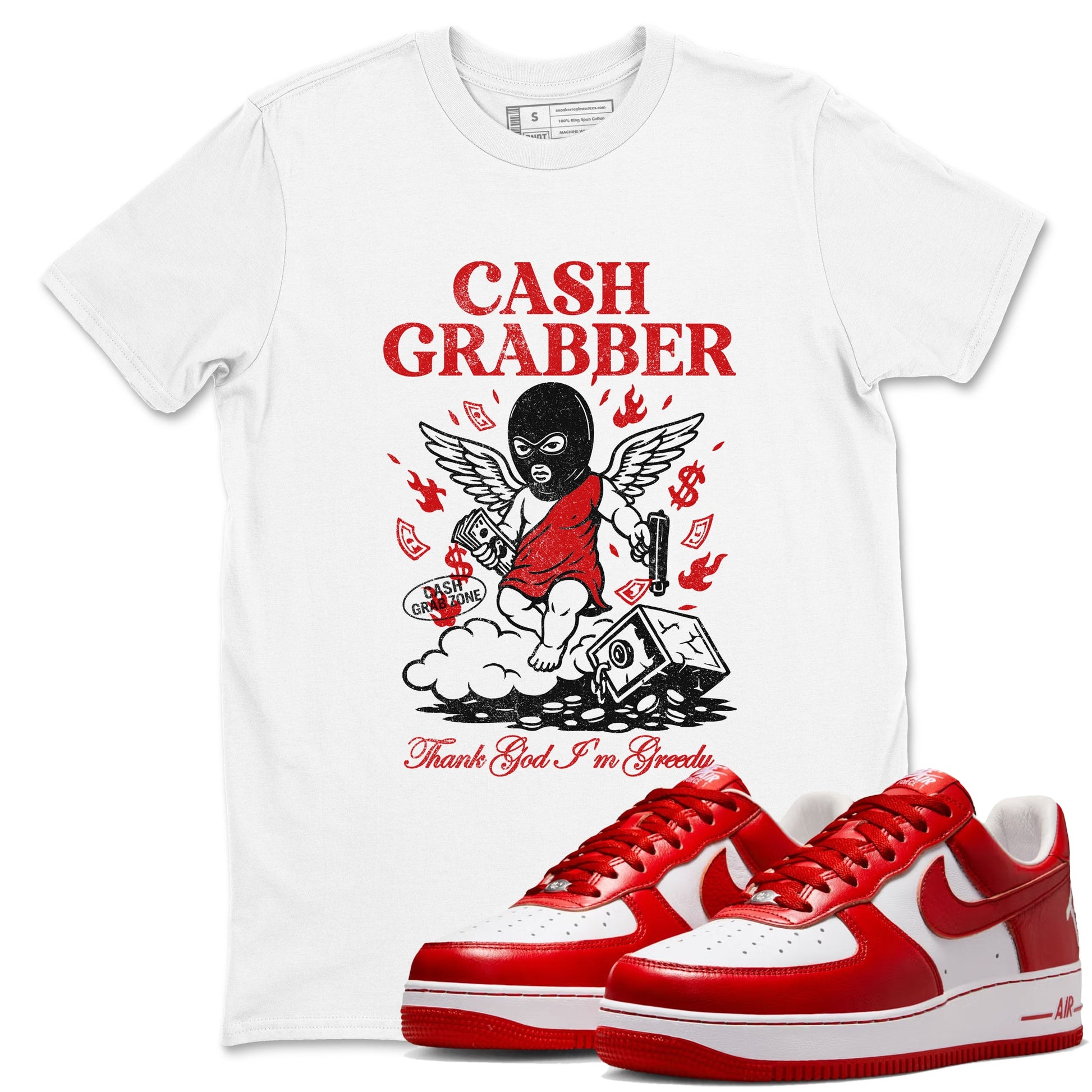 Cash Grabber sneaker match t-shirt styled to complete your fit with the Air Force 1 University Red sneakers, shown in White 1.