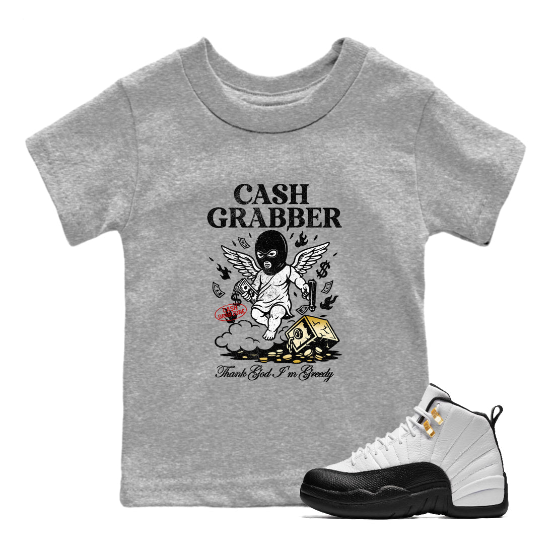 Sneaker match tees – Sneaker Tees To Match Air Jordan 12 Taxi Shoes – Cash Grabber Kids T-Shirt Heather Grey 1