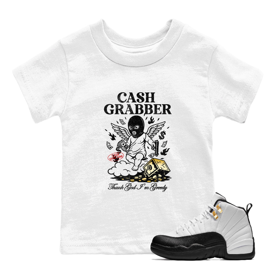 Sneaker match tees – Sneaker Tees To Match Air Jordan 12 Taxi Shoes – Cash Grabber Kids T-Shirt White 1