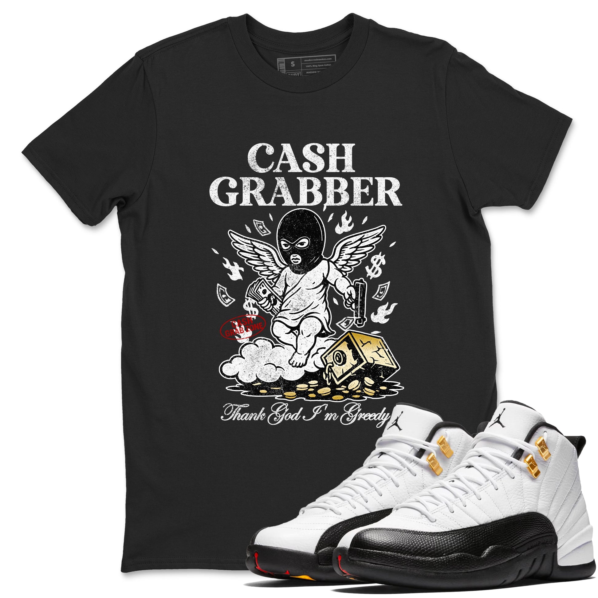 Sneaker match tees – Sneaker Tees To Match Air Jordan 12 Taxi Shoes – Cash Grabber Tee Black 1