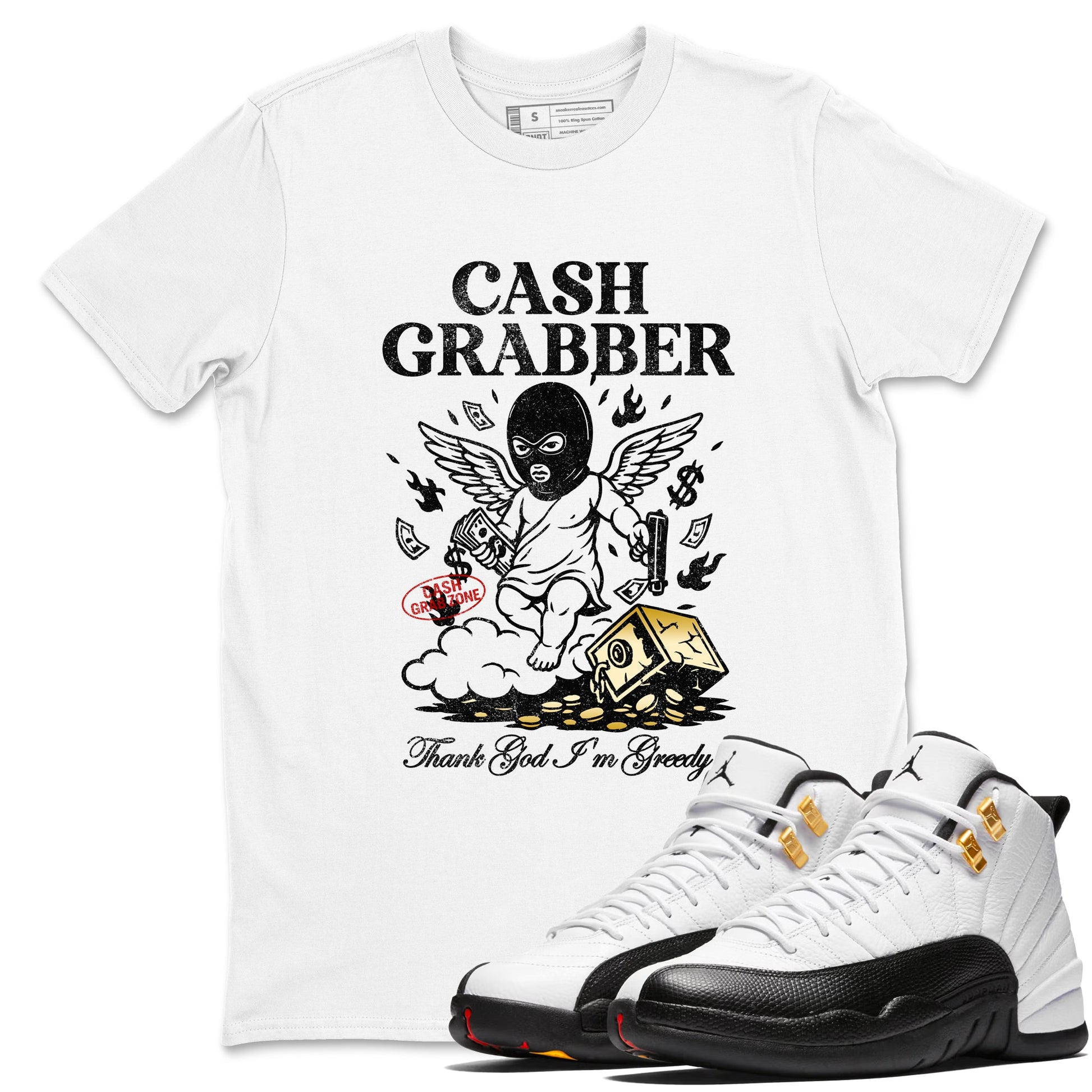 Sneaker match tees – Sneaker Tees To Match Air Jordan 12 Taxi Shoes – Cash Grabber Tee White 1