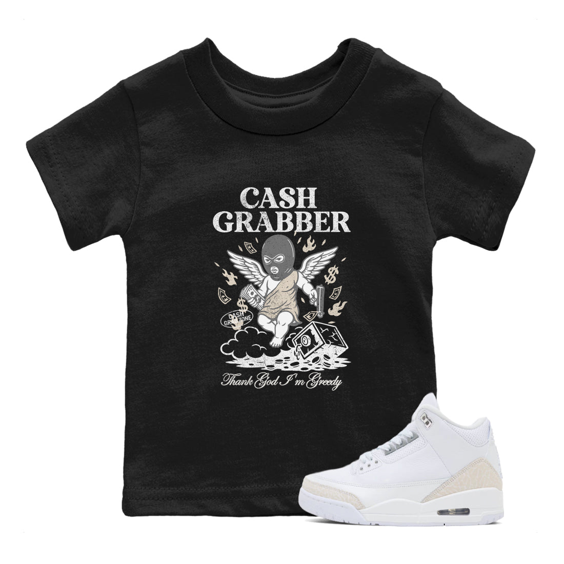 Cash Grabber baby and kids t-shirt crafted for little sneakerheads to shine with the Air Jordan 3 Pure Money sneakers, displayed in Black 1.