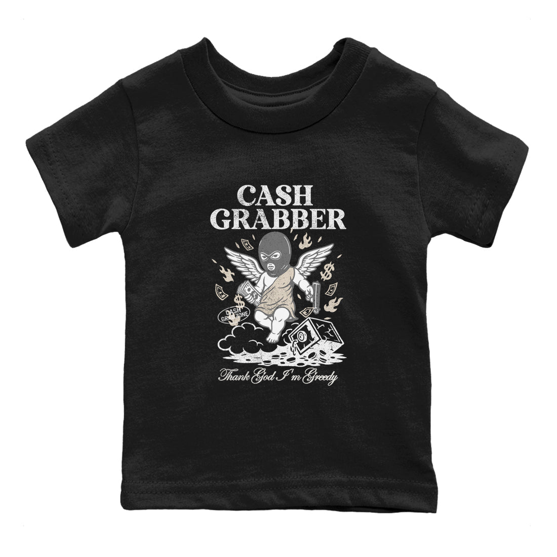 Cash Grabber baby and kids t-shirt crafted for little sneakerheads to shine with the Air Jordan 3 Pure Money sneakers, displayed in Black 2.