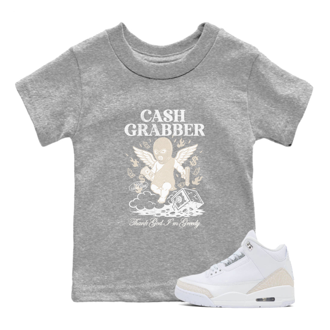 Cash Grabber baby and kids t-shirt crafted for little sneakerheads to shine with the Air Jordan 3 Pure Money sneakers, displayed in Heather Grey 1.