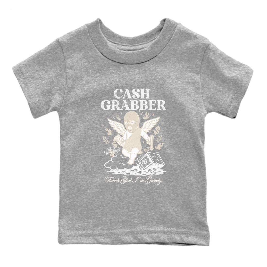 Cash Grabber baby and kids t-shirt crafted for little sneakerheads to shine with the Air Jordan 3 Pure Money sneakers, displayed in Heather Grey 2.