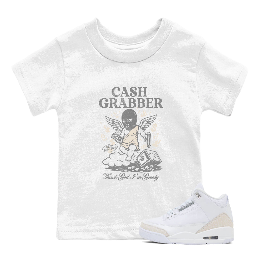 Cash Grabber baby and kids t-shirt crafted for little sneakerheads to shine with the Air Jordan 3 Pure Money sneakers, displayed in White 1.