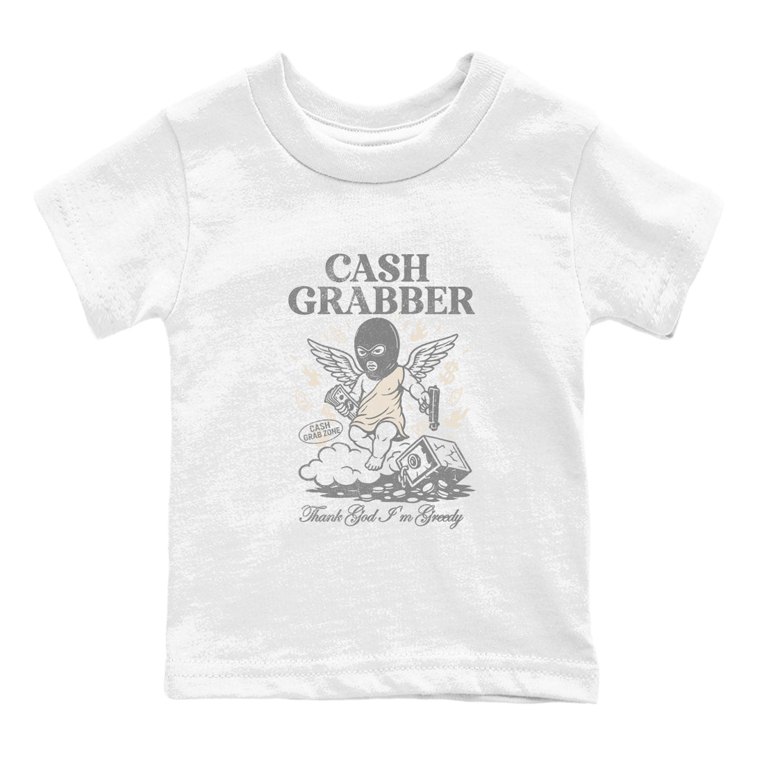 Cash Grabber baby and kids t-shirt crafted for little sneakerheads to shine with the Air Jordan 3 Pure Money sneakers, displayed in White 2.