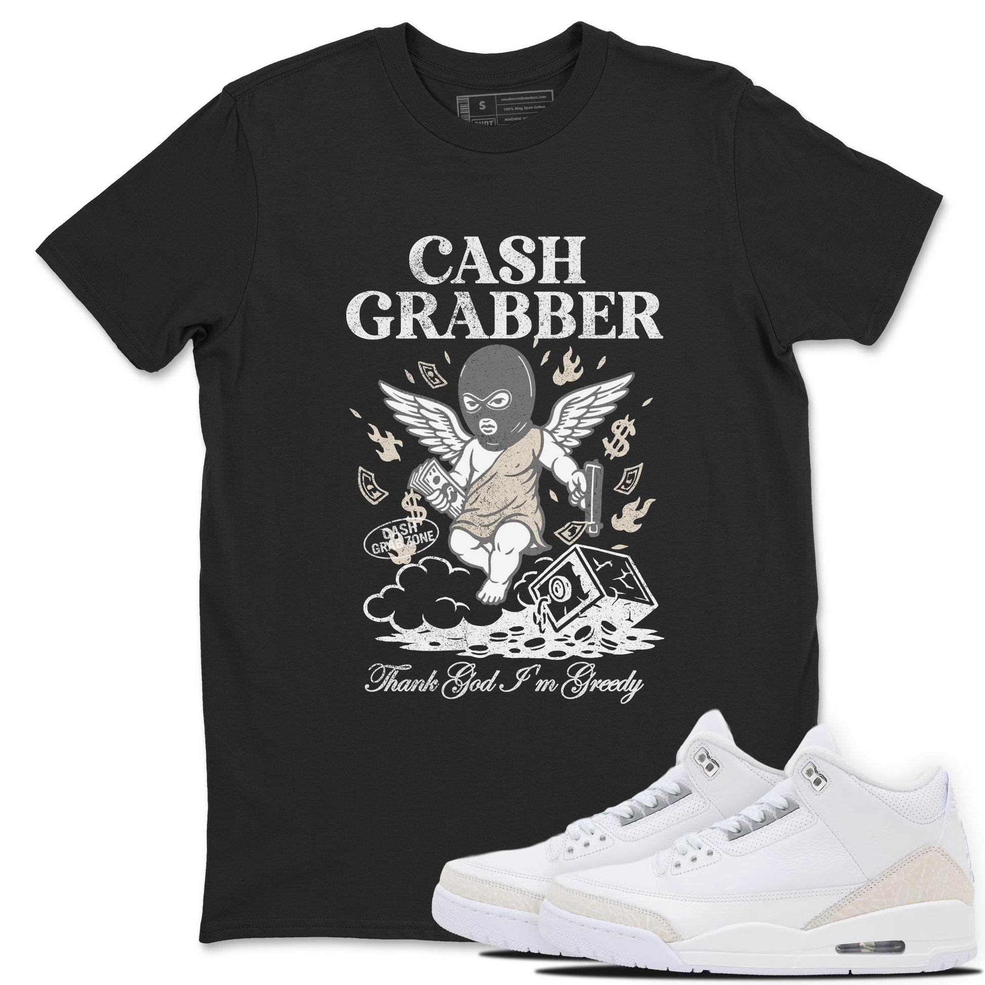 Cash Grabber sneaker match t-shirt styled to complete your fit with the Air Jordan 3 Pure Money sneakers, shown in Black 1.
