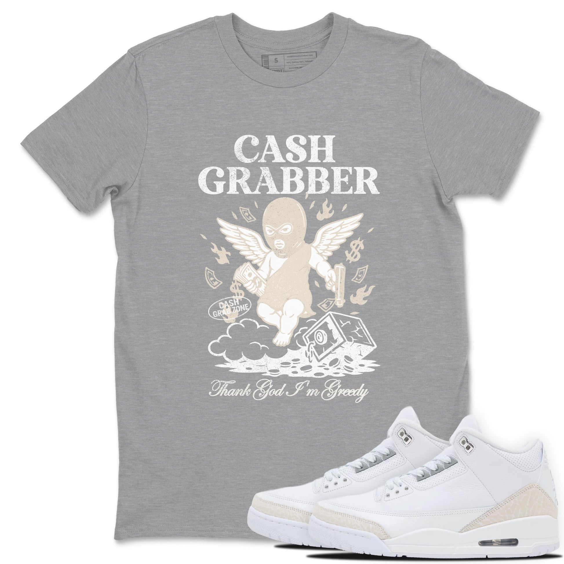Cash Grabber sneaker match t-shirt styled to complete your fit with the Air Jordan 3 Pure Money sneakers, shown in Heather Grey 1.