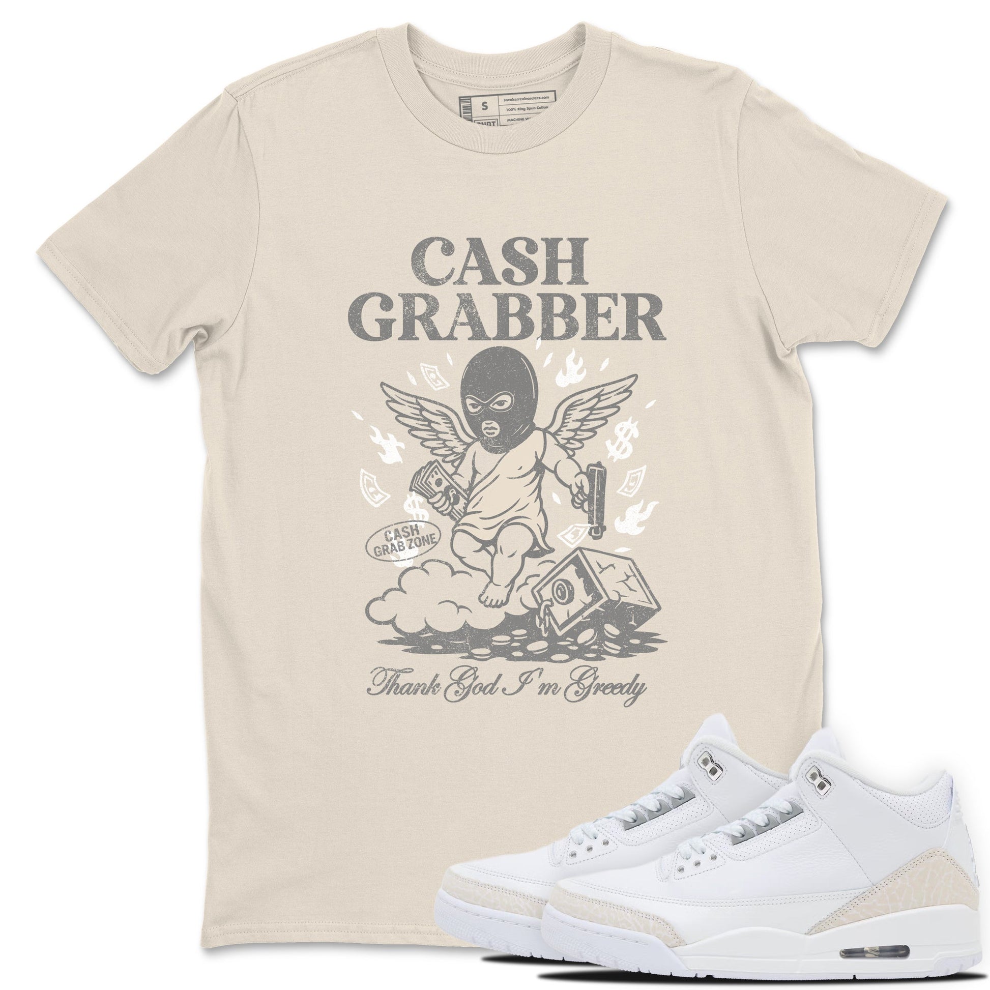 Cash Grabber sneaker match t-shirt styled to complete your fit with the Air Jordan 3 Pure Money sneakers, shown in Natural 1.