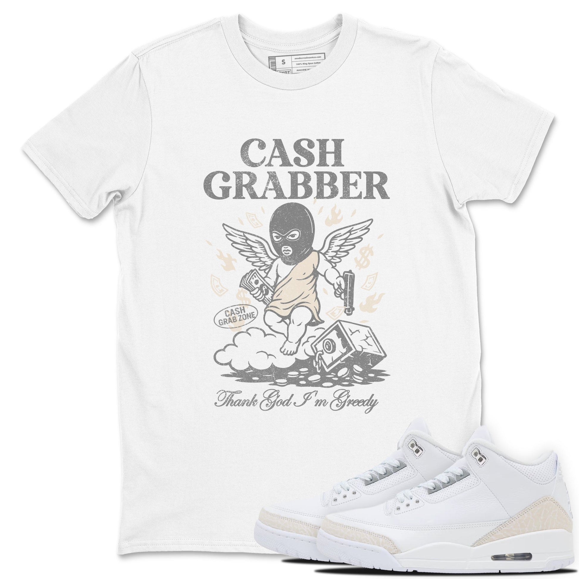 Cash Grabber sneaker match t-shirt styled to complete your fit with the Air Jordan 3 Pure Money sneakers, shown in White 1.
