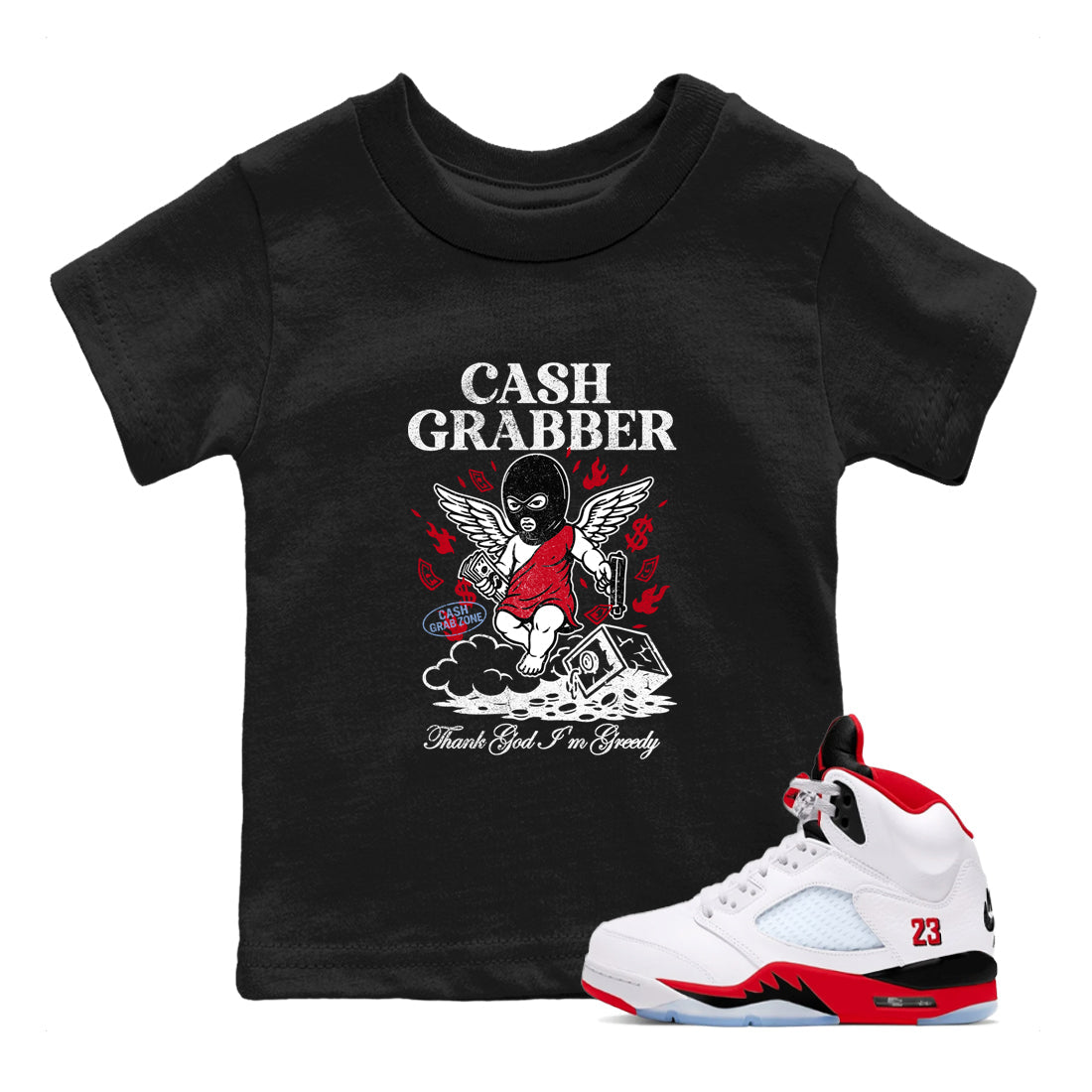 Sneaker match tees – Sneaker Tees To Match Air Jordan 5 Fire Red Shoes – Cash Grabber Kids T-Shirt Black 1