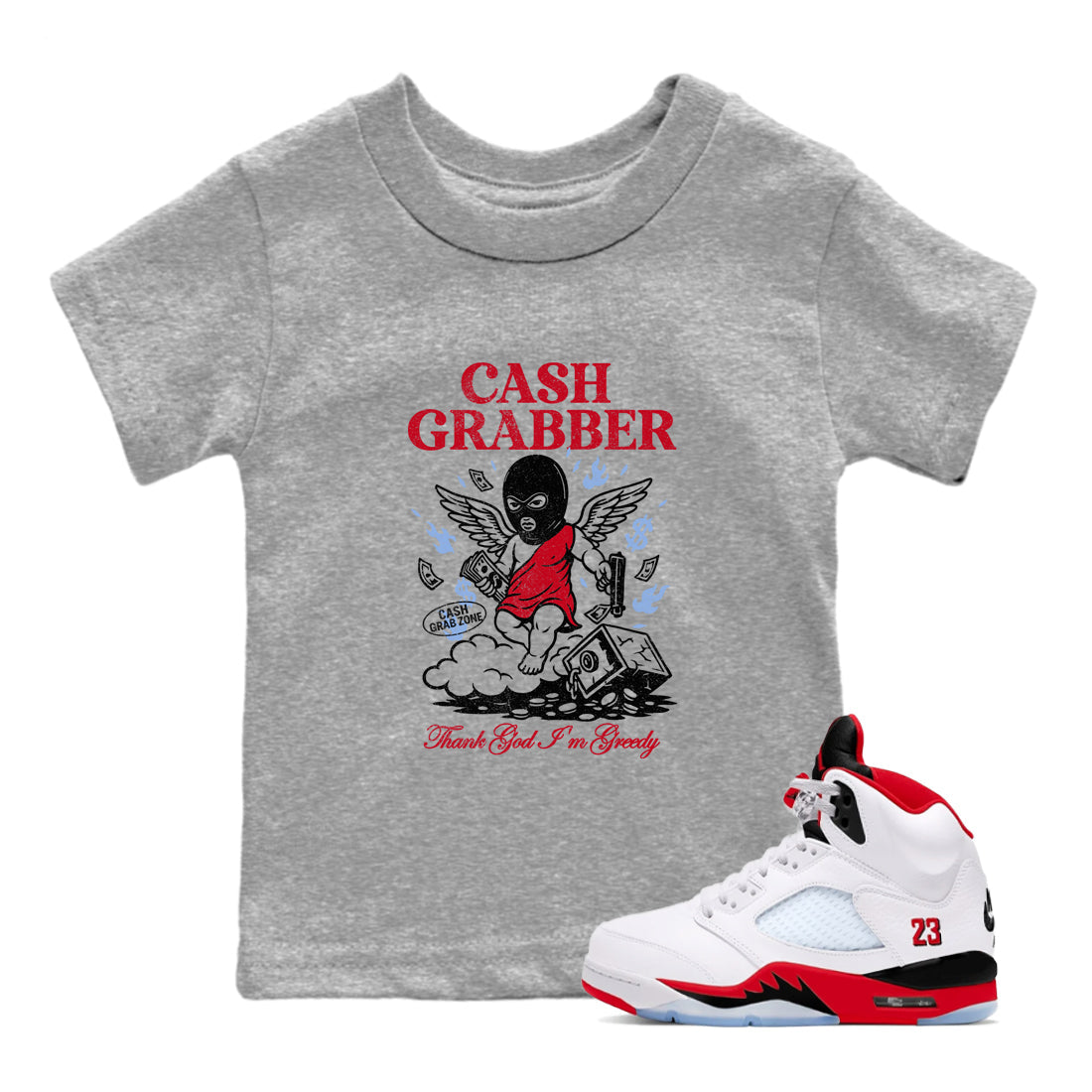Sneaker match tees – Sneaker Tees To Match Air Jordan 5 Fire Red Shoes – Cash Grabber Kids T-Shirt Heather Grey 1