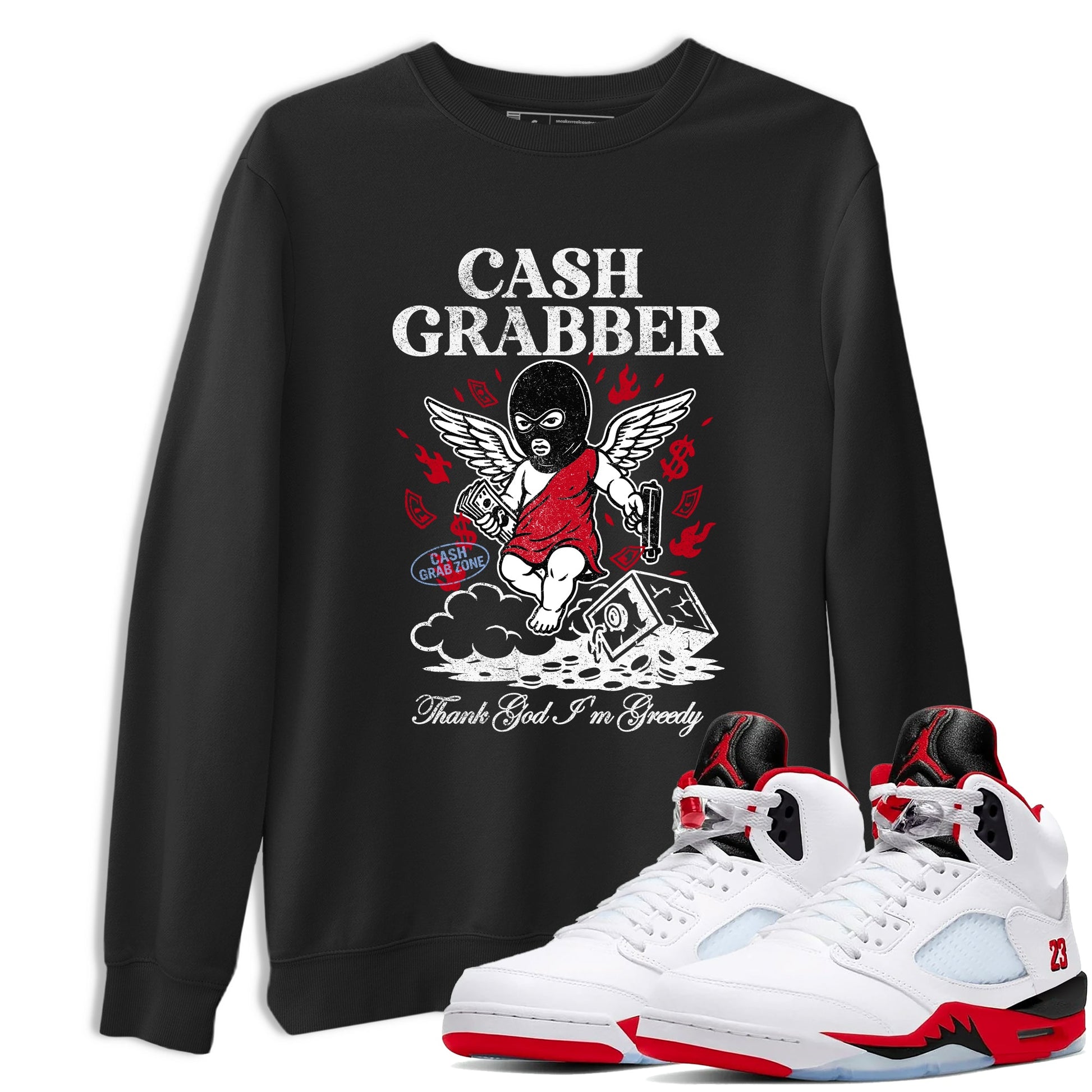 Sneaker match tees – Sneaker Tees To Match Air Jordan 5 Fire Red Shoes – Cash Grabber Tee Black 1