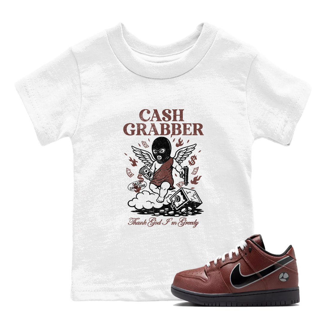 Sneaker match tees – Sneaker Tees To Match Dunk Low Football Shoes – Cash Grabber Kids T-Shirt White 1