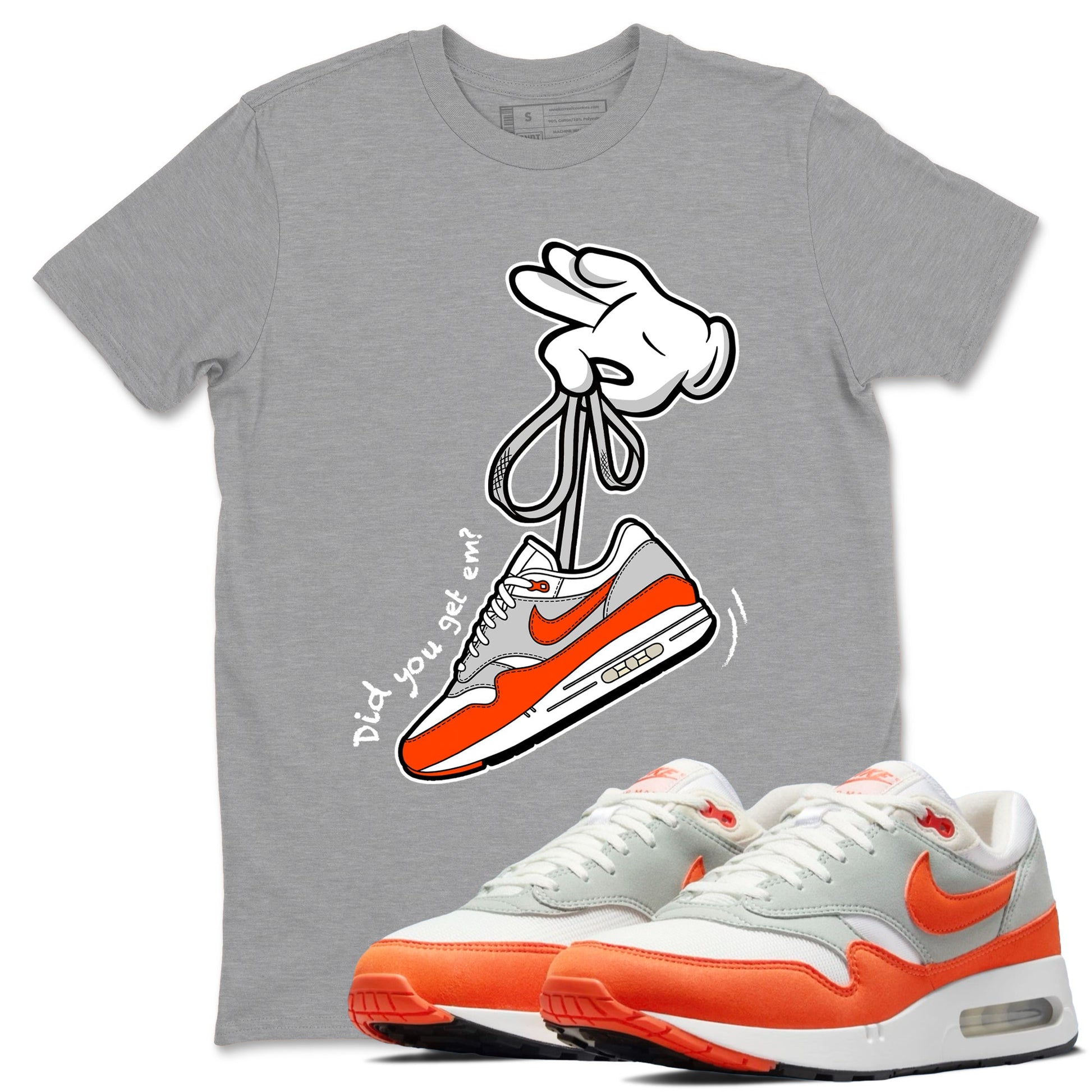 Air Max 1 OG '86 'Summit White and Cosmic Clay shirts to match jordans Catoon Hands sneaker match tees Air Max 1 Cosmic Clay match shoes to clothes SNRT Sneaker Tees unisex cotton Heather Grey 1 shirts