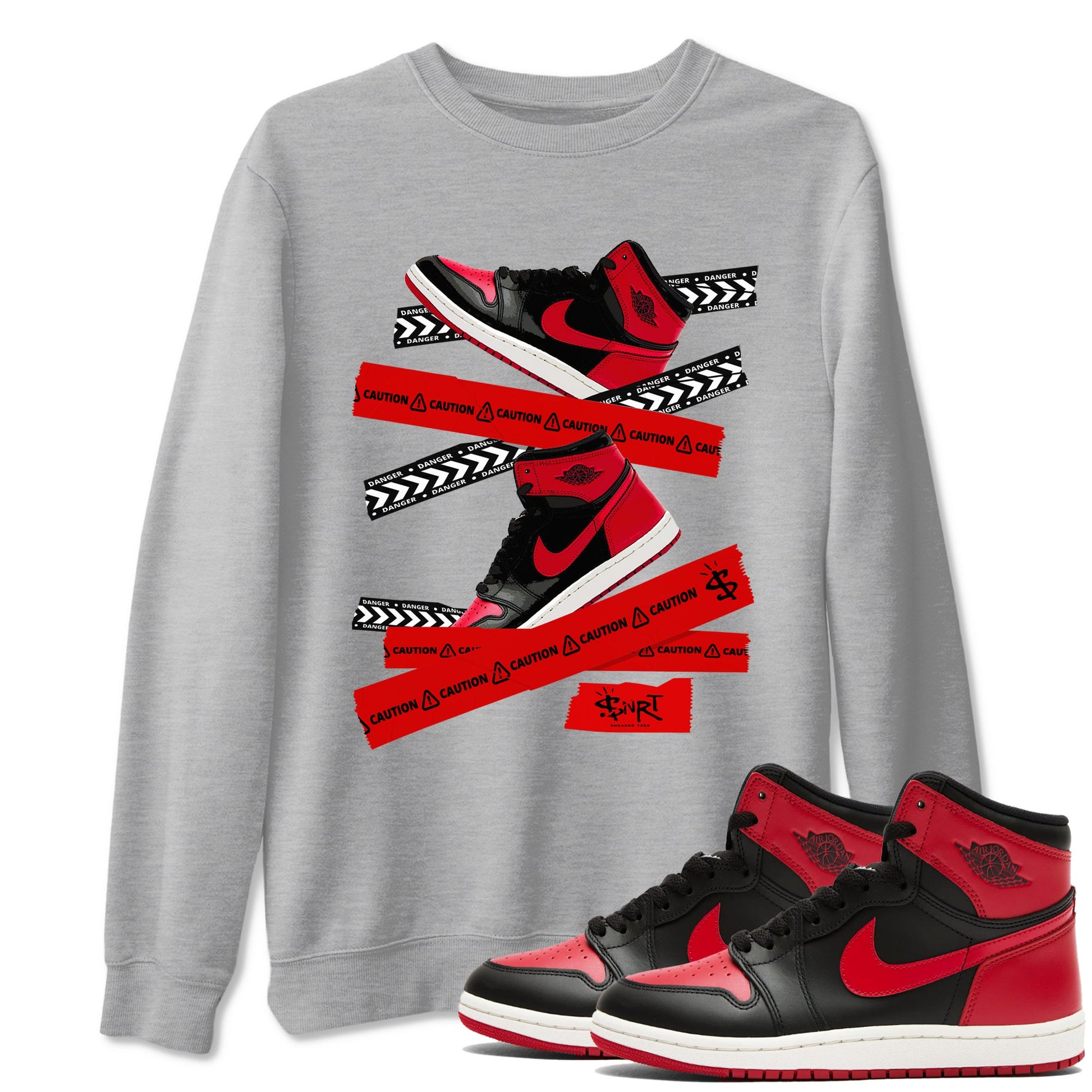 1s '85 Bred shirts to match jordans Caution Tape best t shirts to wear with jordans Air Jordan 1 Retro HIgh OG '85 Bred match shoes to clothes SNRT Sneaker Tees unisex cotton Heather Grey 1 shirts