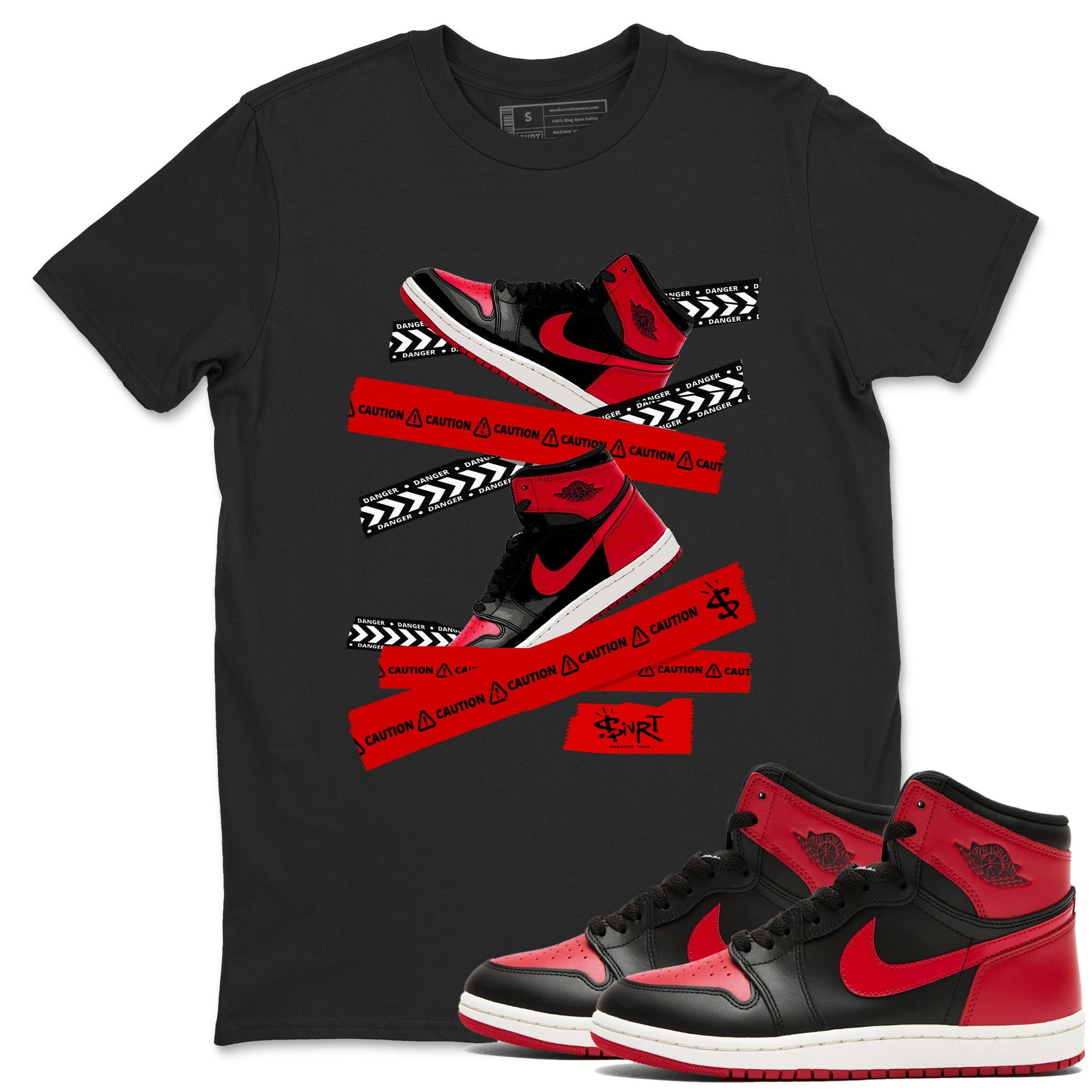 1s '85 Bred shirts to match jordans Caution Tape best t shirts to wear with jordans Air Jordan 1 Retro HIgh OG '85 Bred match shoes to clothes SNRT Sneaker Tees unisex cotton Black 1 shirts