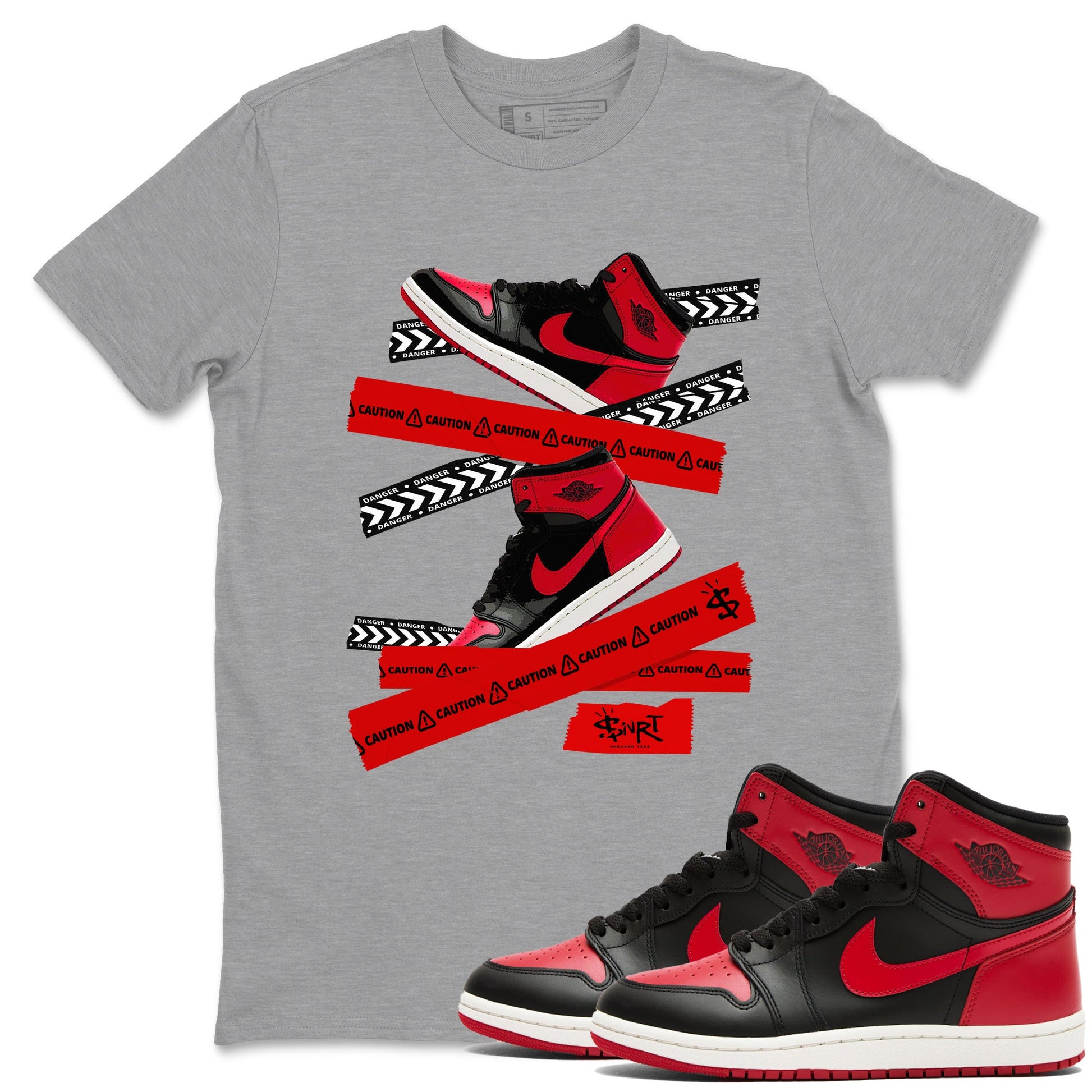 1s '85 Bred shirts to match jordans Caution Tape best t shirts to wear with jordans Air Jordan 1 Retro HIgh OG '85 Bred match shoes to clothes SNRT Sneaker Tees unisex cotton Heather Grey 1 shirts