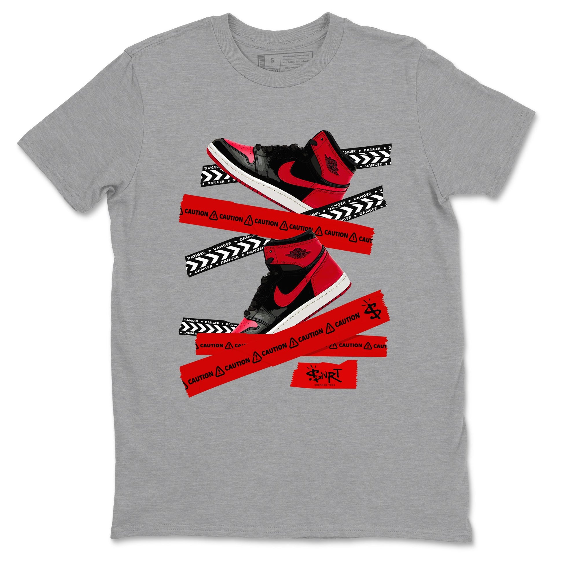1s '85 Bred shirts to match jordans Caution Tape best t shirts to wear with jordans Air Jordan 1 Retro HIgh OG '85 Bred match shoes to clothes SNRT Sneaker Tees unisex cotton Heather Grey 2 shirts