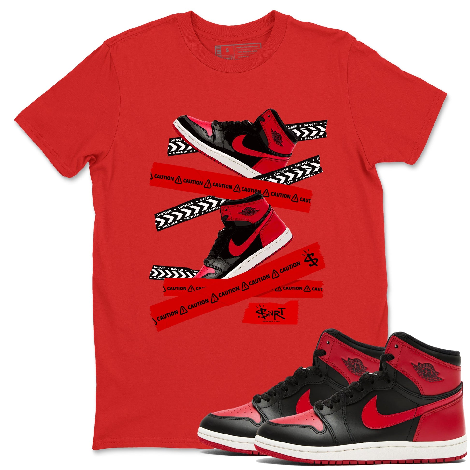1s '85 Bred shirts to match jordans Caution Tape best t shirts to wear with jordans Air Jordan 1 Retro HIgh OG '85 Bred match shoes to clothes SNRT Sneaker Tees unisex cotton Red 1 shirts
