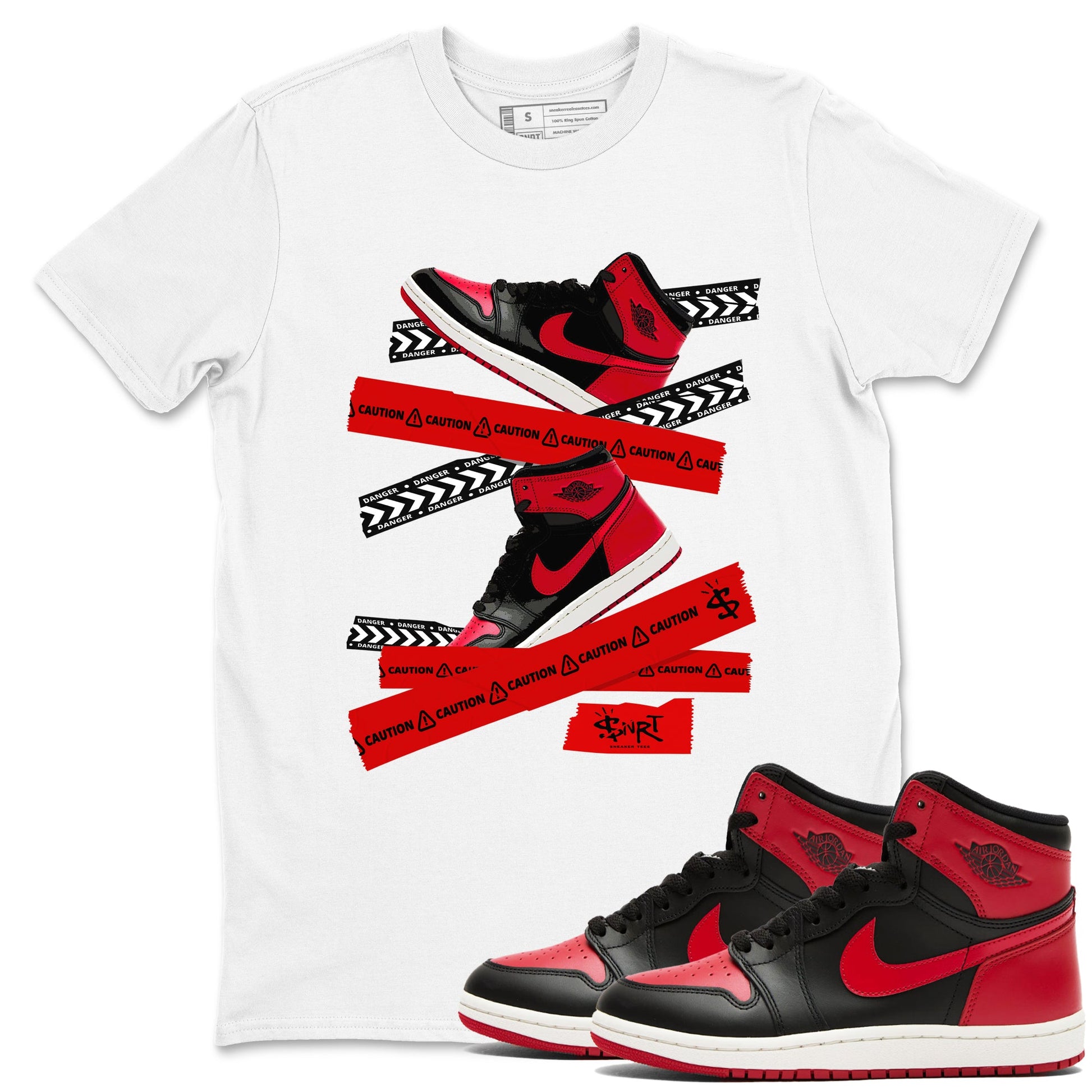 1s '85 Bred shirts to match jordans Caution Tape best t shirts to wear with jordans Air Jordan 1 Retro HIgh OG '85 Bred match shoes to clothes SNRT Sneaker Tees unisex cotton White 1 shirts