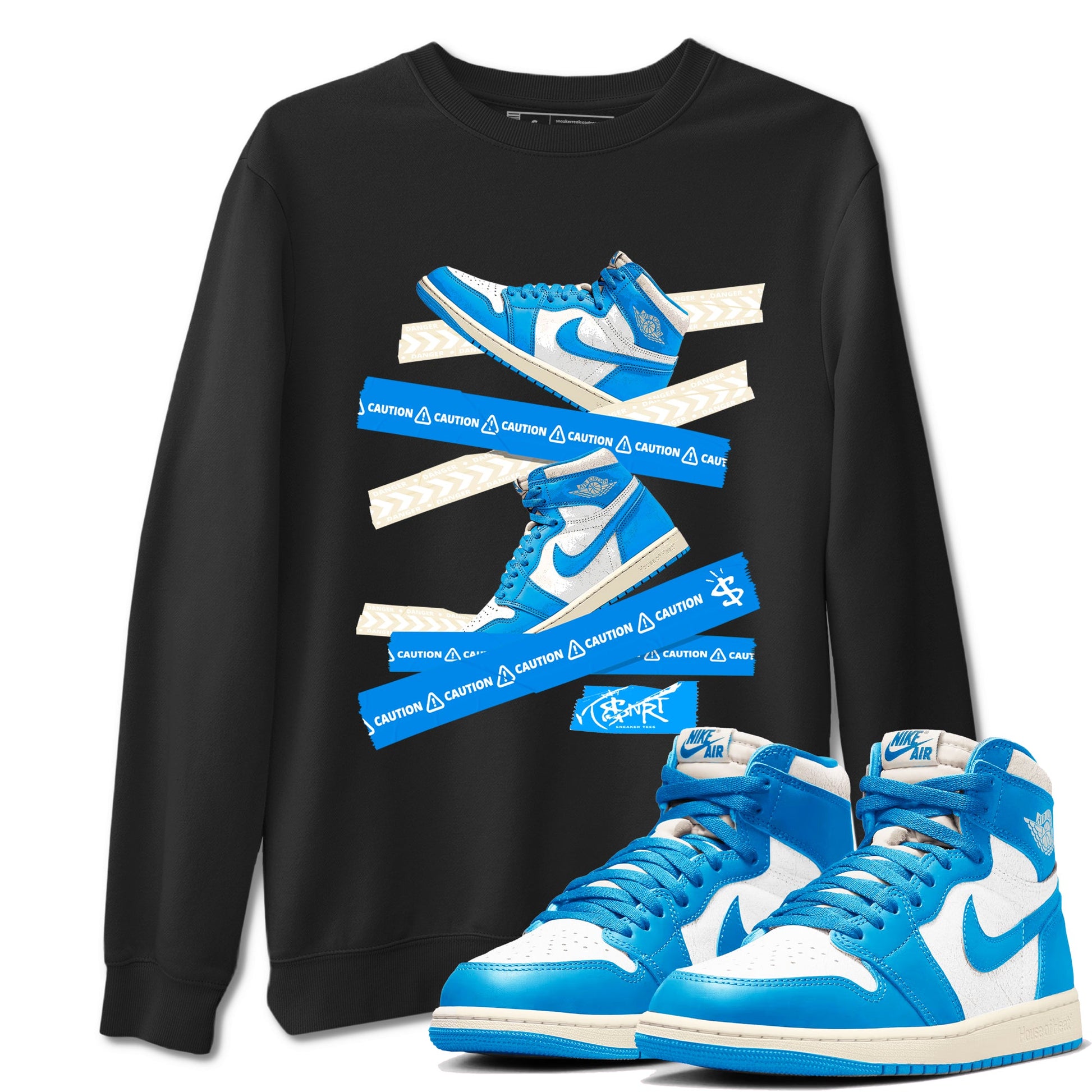 1s High OG UNC Reimagined shirts to match jordans Caution Tape graphic tees Air Jordan 1 UNC Reimagined match shoes to clothes SNRT Sneaker Tees unisex cotton Black 1 shirts