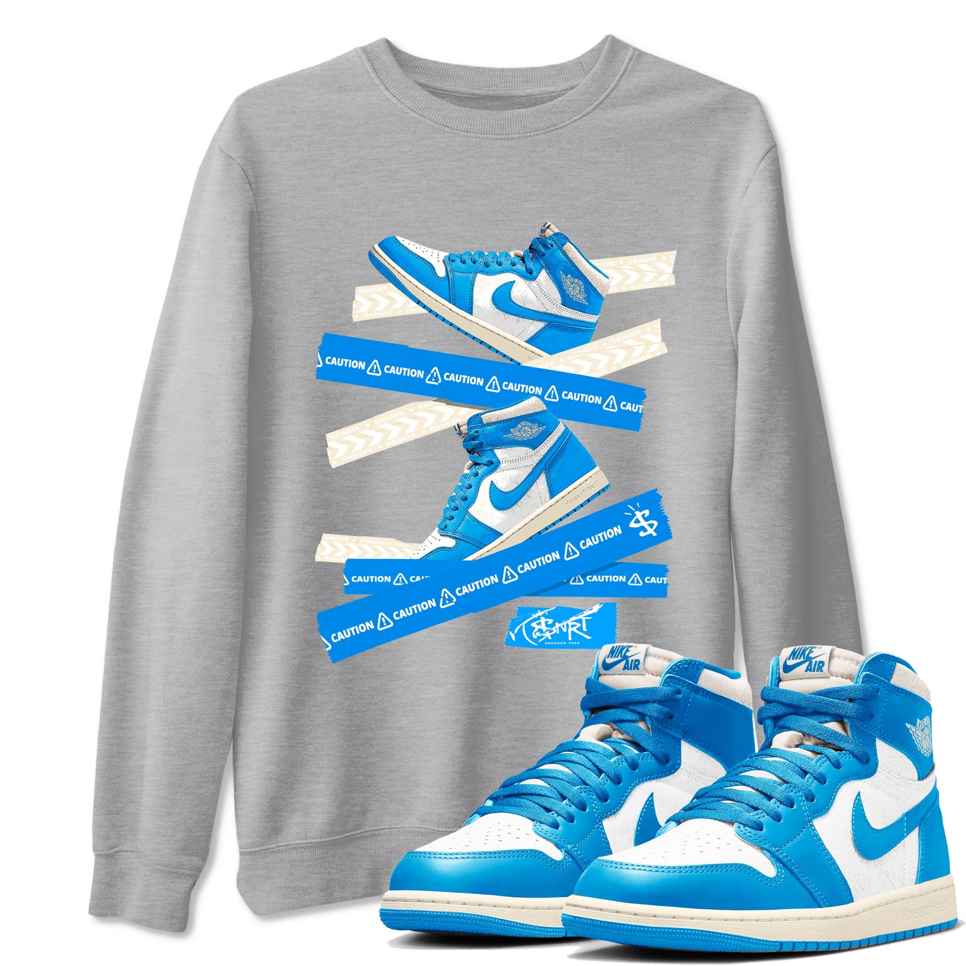 1s High OG UNC Reimagined shirts to match jordans Caution Tape graphic tees Air Jordan 1 UNC Reimagined match shoes to clothes SNRT Sneaker Tees unisex cotton Heather Grey 1 shirts