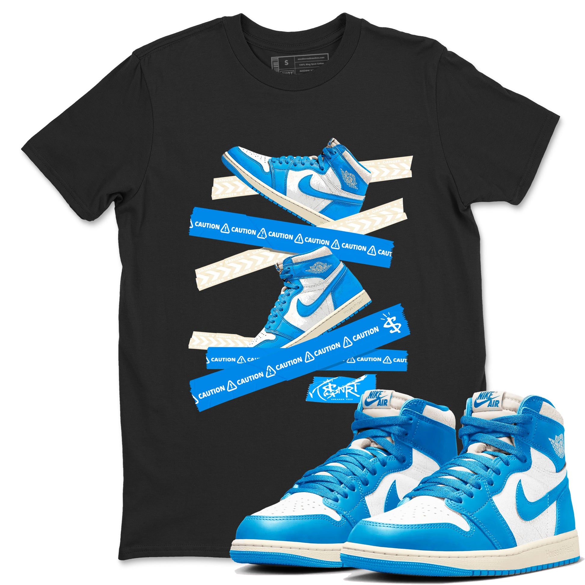 1s High OG UNC Reimagined shirts to match jordans Caution Tape graphic tees Air Jordan 1 UNC Reimagined match shoes to clothes SNRT Sneaker Tees unisex cotton Black 1 shirts