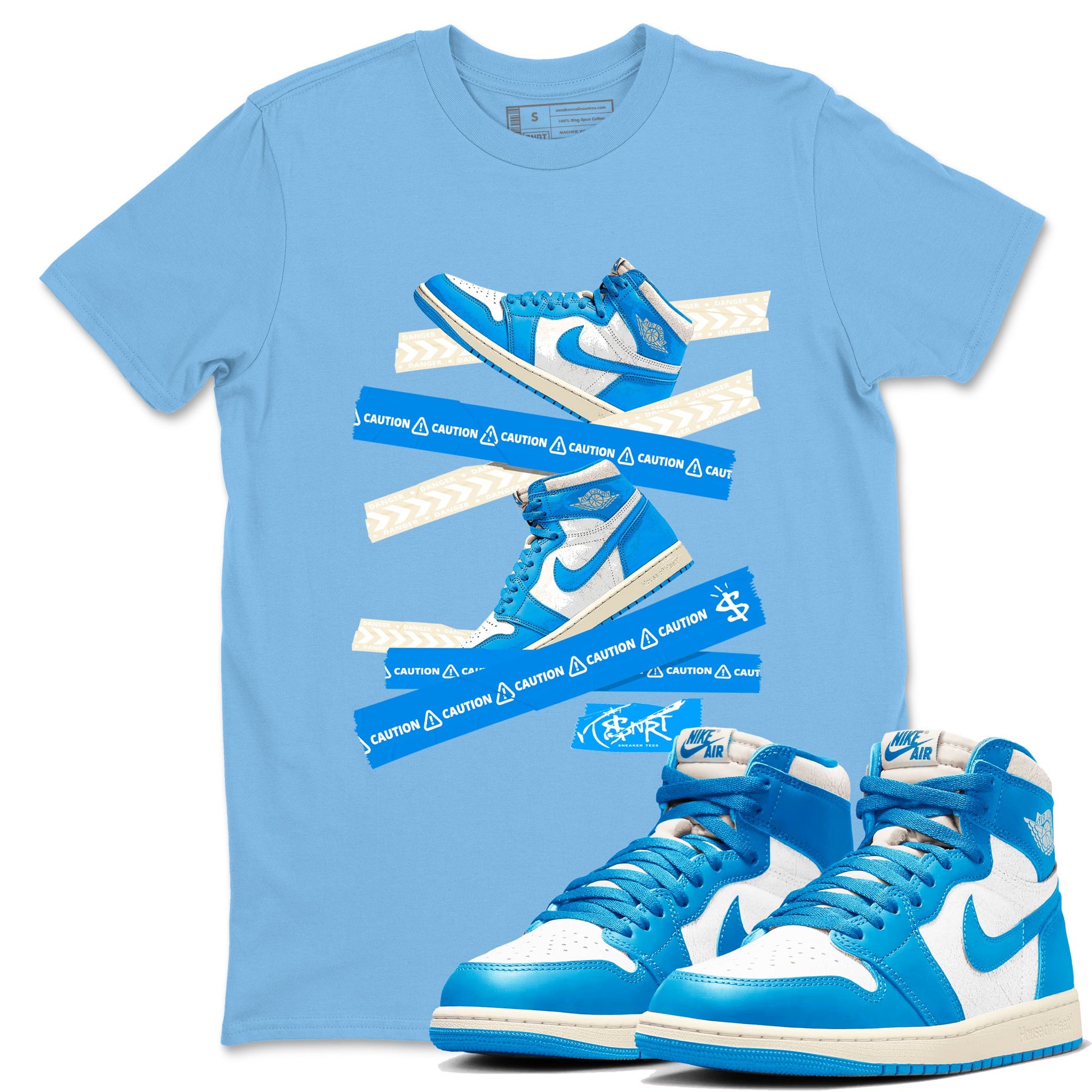 1s High OG UNC Reimagined shirts to match jordans Caution Tape graphic tees Air Jordan 1 UNC Reimagined match shoes to clothes SNRT Sneaker Tees unisex cotton Carolina Blue 1 shirts
