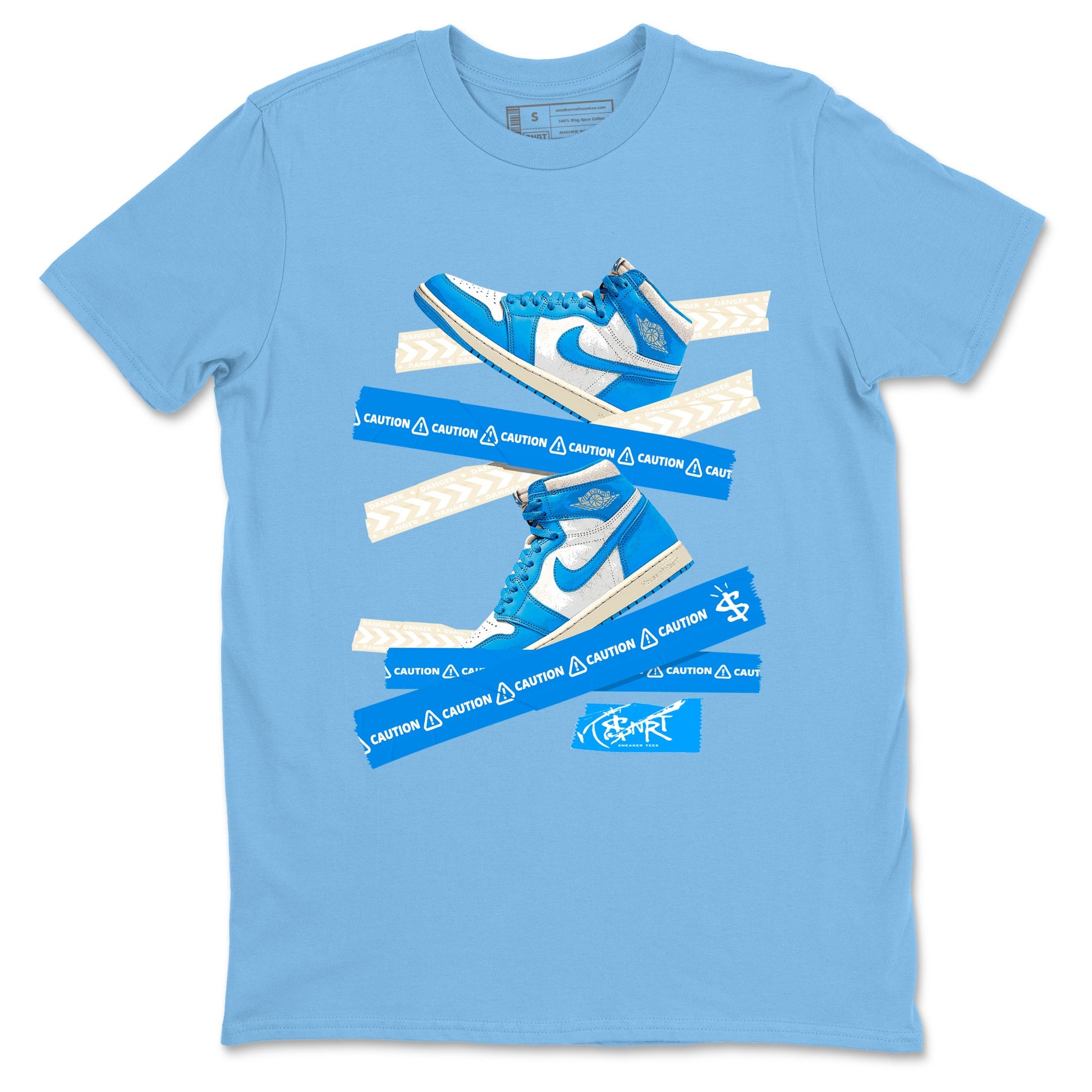 1s High OG UNC Reimagined shirts to match jordans Caution Tape graphic tees Air Jordan 1 UNC Reimagined match shoes to clothes SNRT Sneaker Tees unisex cotton Carolina Blue 2 shirts
