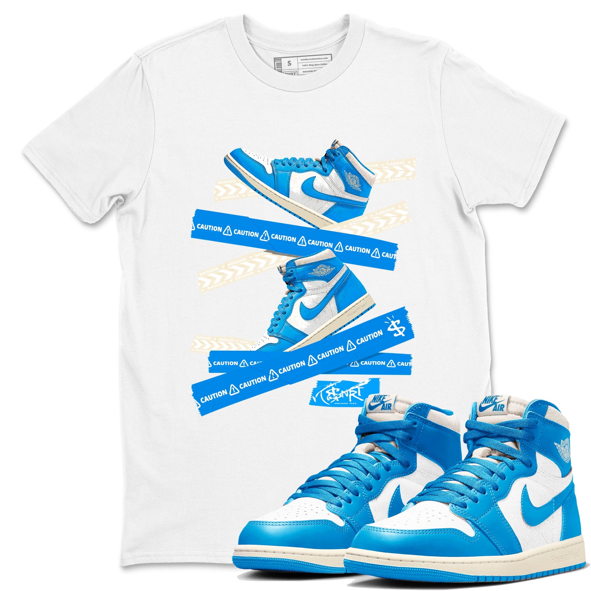 1s High OG UNC Reimagined shirts to match jordans Caution Tape graphic tees Air Jordan 1 UNC Reimagined match shoes to clothes SNRT Sneaker Tees unisex cotton White 1 shirts