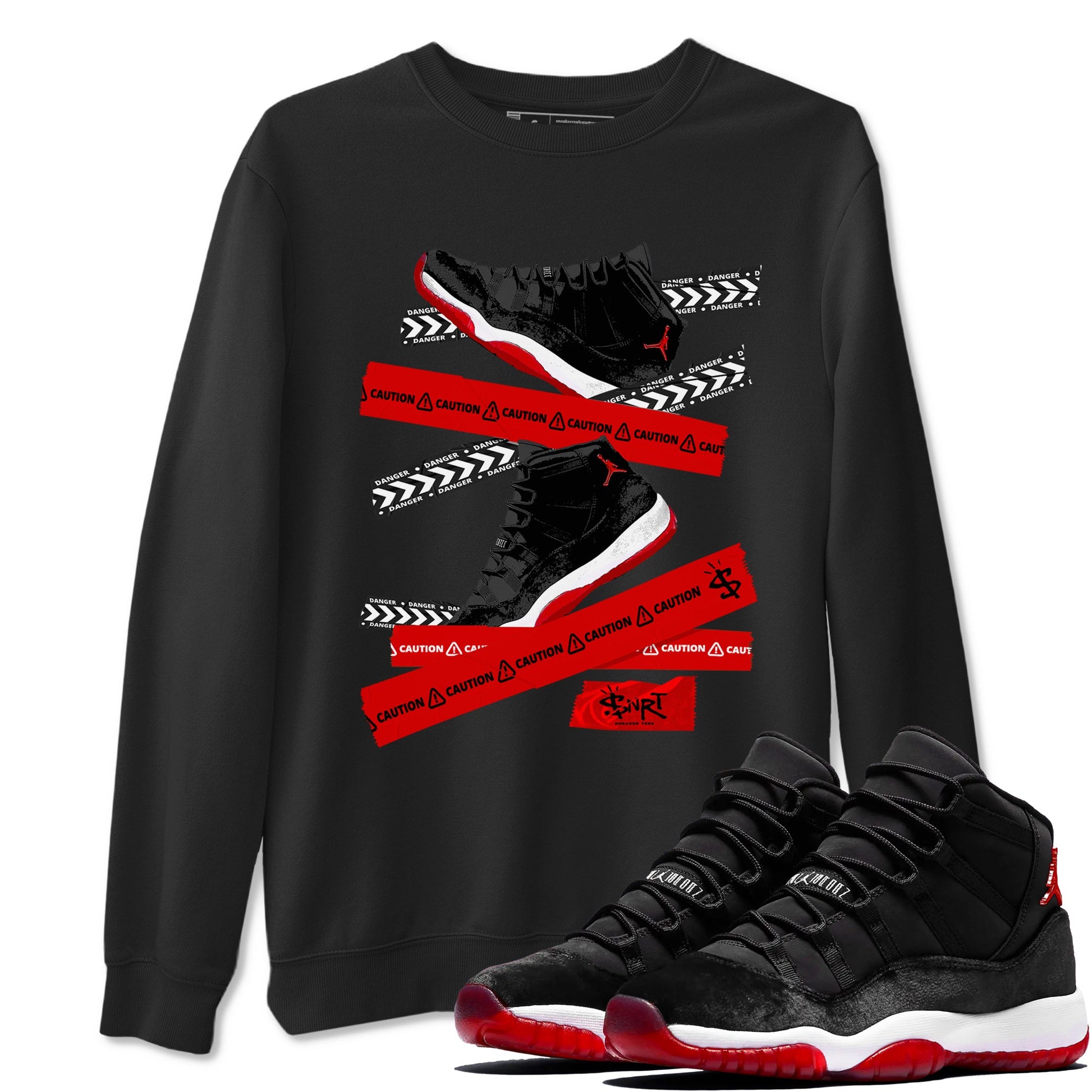 11s Bred Velvet shirts to match jordans Caution Tape sneaker match tees Air Jordan 11 Bred Velvet SNRT Sneaker Release Tees unisex cotton Black 1 crew neck shirts