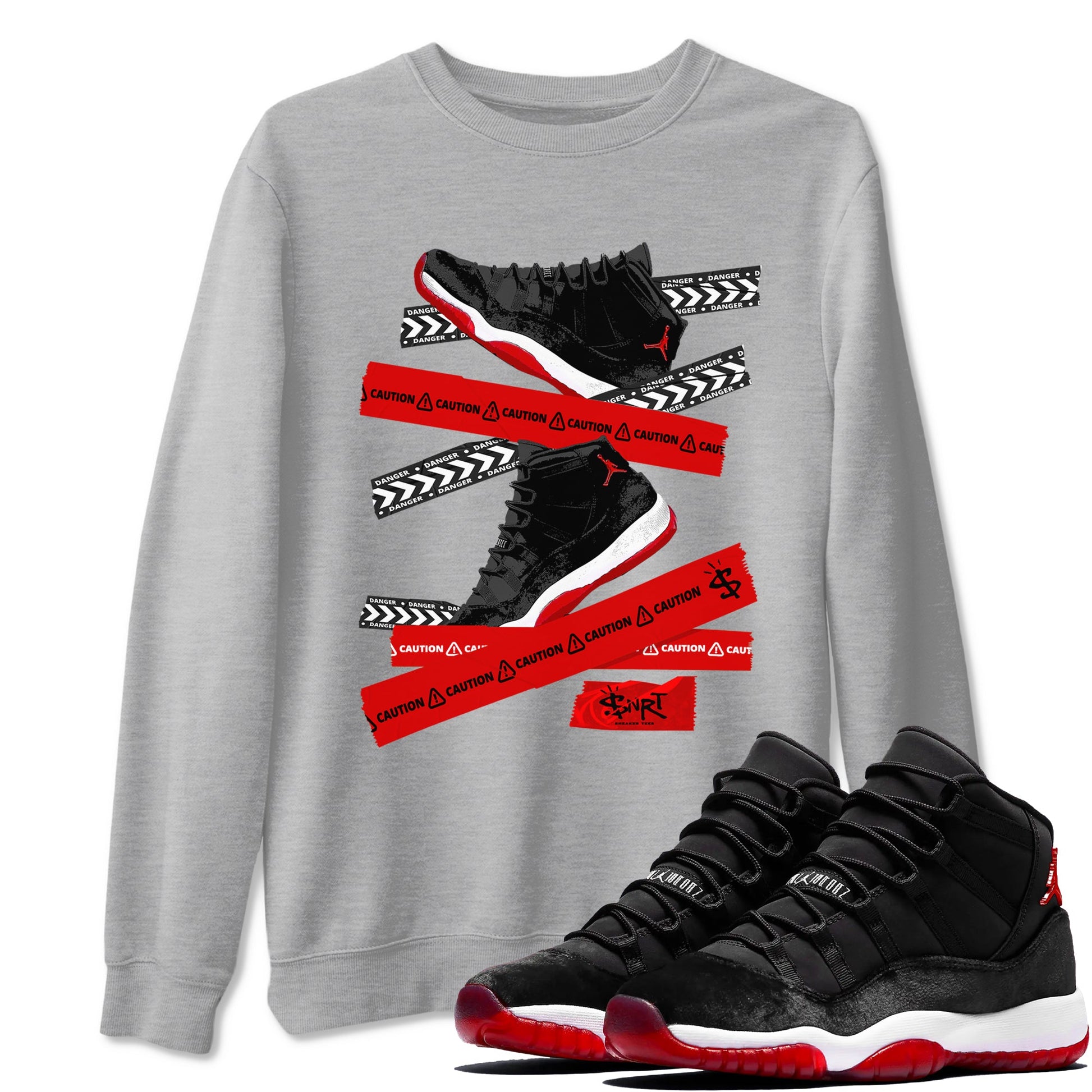 11s Bred Velvet shirts to match jordans Caution Tape sneaker match tees Air Jordan 11 Bred Velvet SNRT Sneaker Release Tees unisex cotton Heather Grey 1 crew neck shirts