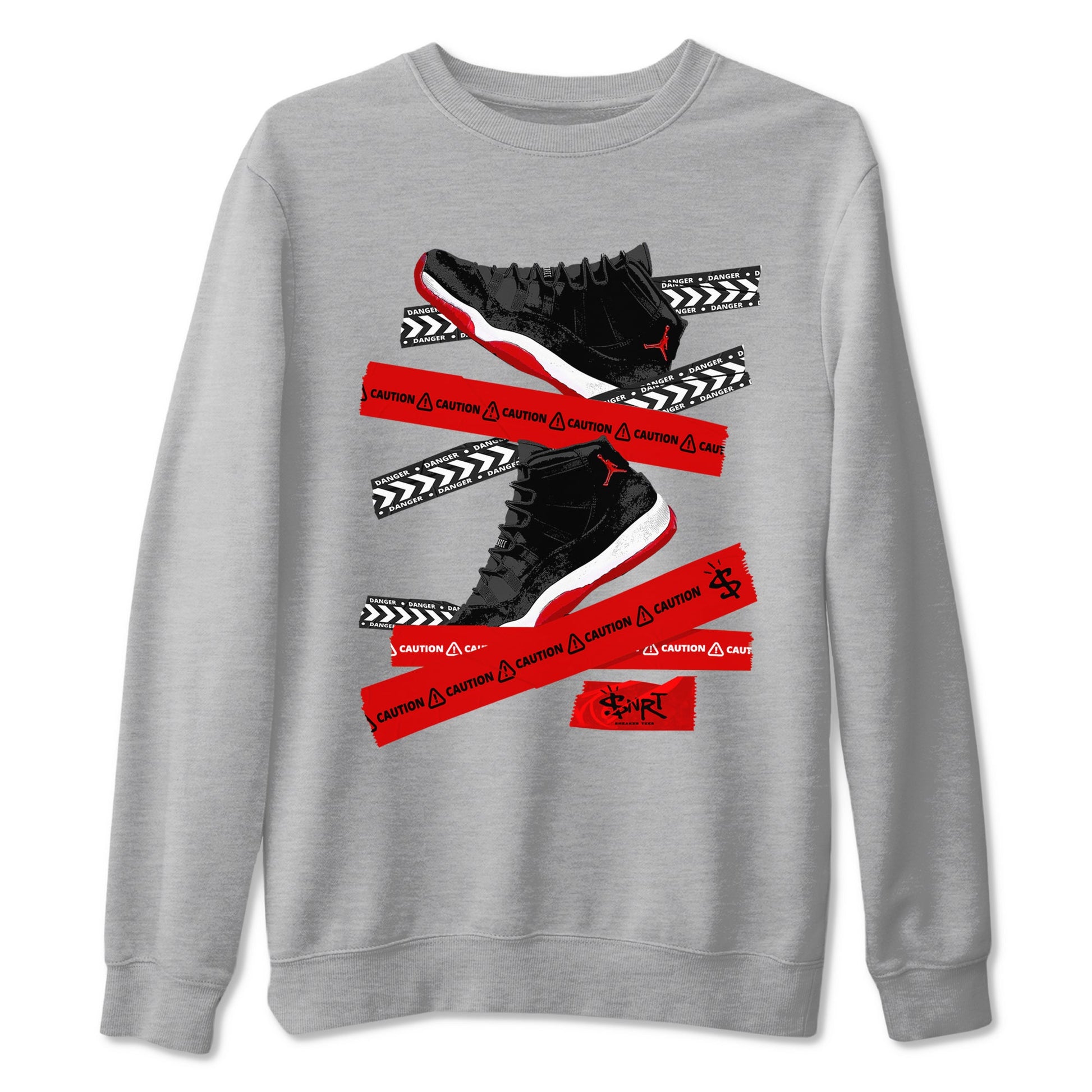 11s Bred Velvet shirts to match jordans Caution Tape sneaker match tees Air Jordan 11 Bred Velvet SNRT Sneaker Release Tees unisex cotton Heather Grey 2 crew neck shirts