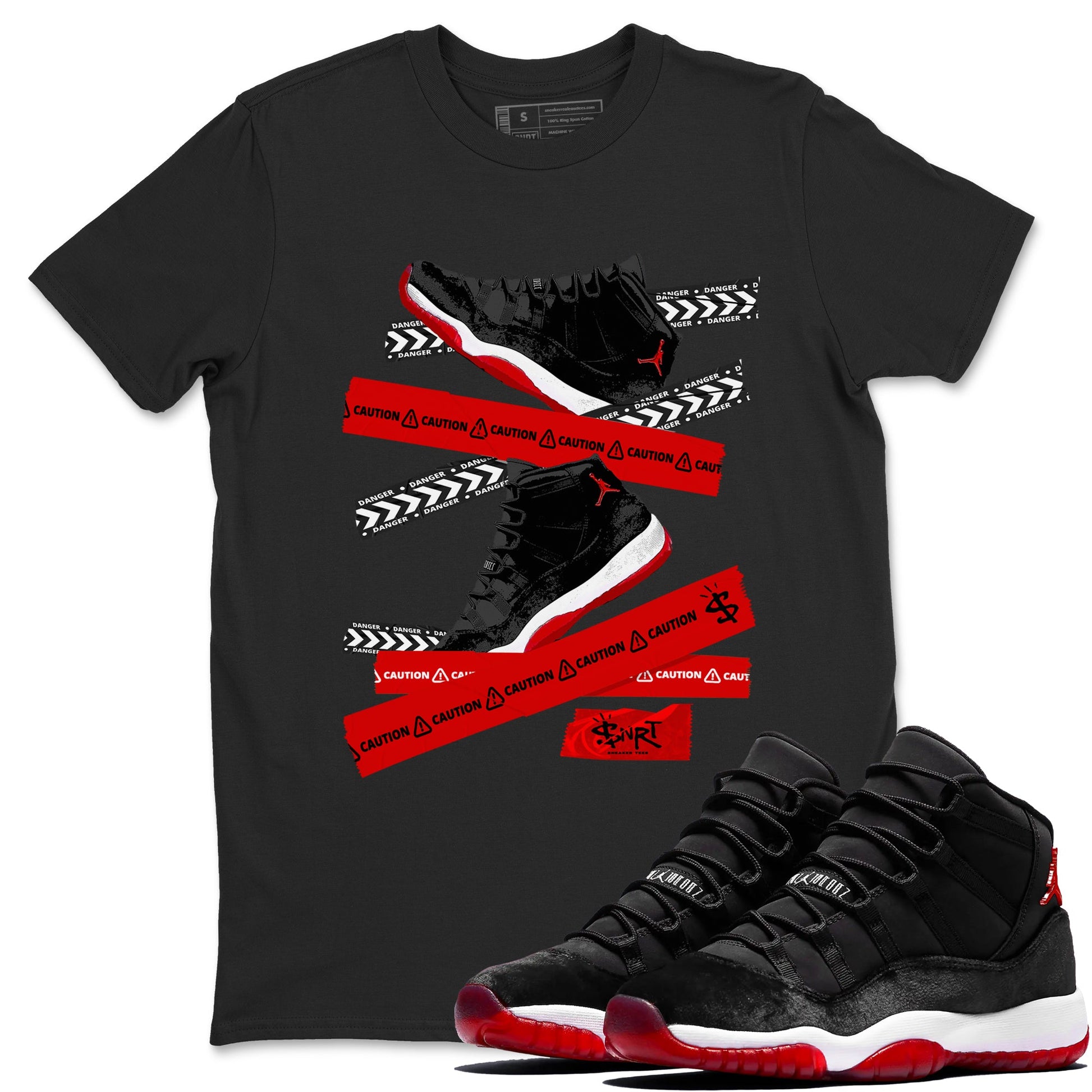 11s Bred Velvet shirts to match jordans Caution Tape sneaker match tees Air Jordan 11 Bred Velvet SNRT Sneaker Release Tees unisex cotton Black 1 crew neck shirts