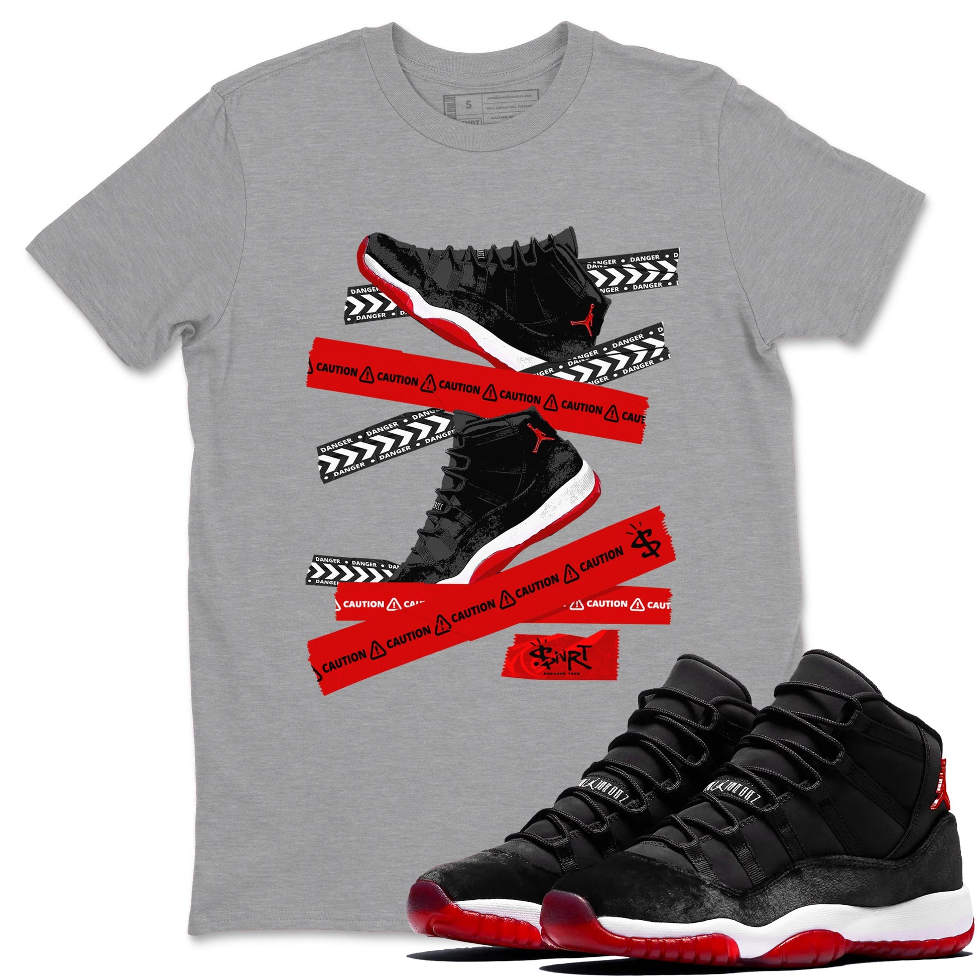 11s Bred Velvet shirts to match jordans Caution Tape sneaker match tees Air Jordan 11 Bred Velvet SNRT Sneaker Release Tees unisex cotton Heather Grey 1 crew neck shirts