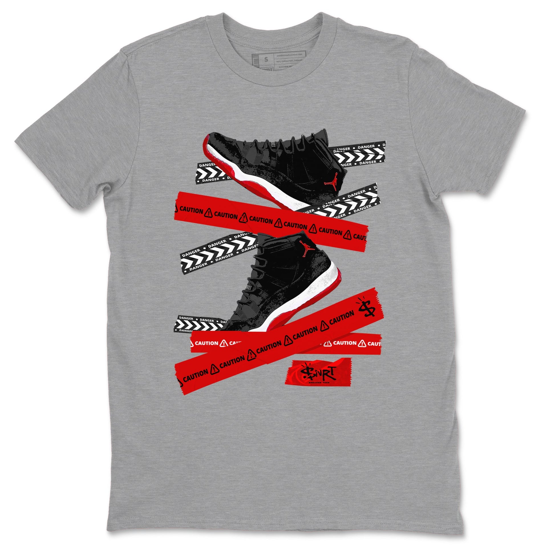 11s Bred Velvet shirts to match jordans Caution Tape sneaker match tees Air Jordan 11 Bred Velvet SNRT Sneaker Release Tees unisex cotton Heather Grey 2 crew neck shirts