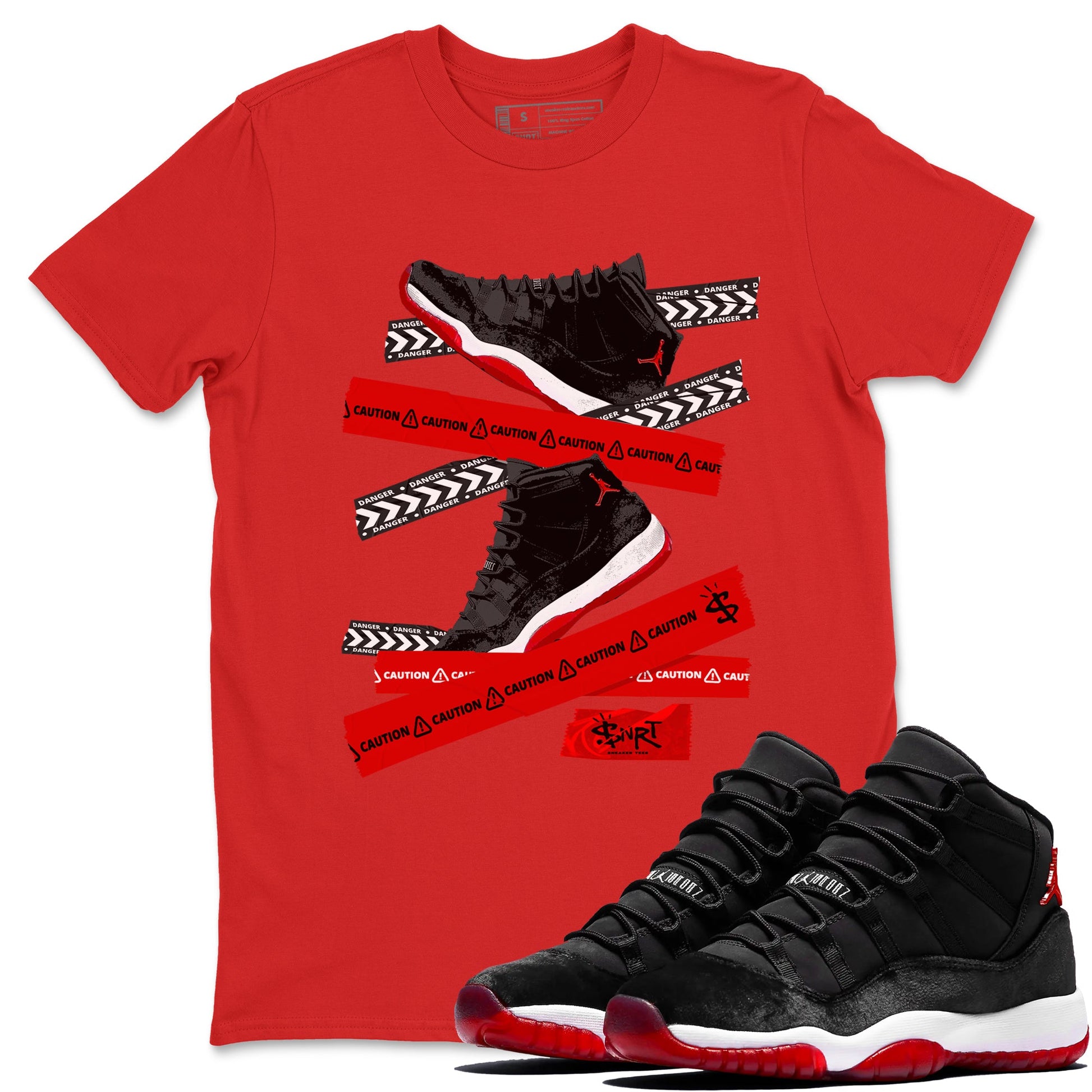11s Bred Velvet shirts to match jordans Caution Tape sneaker match tees Air Jordan 11 Bred Velvet SNRT Sneaker Release Tees unisex cotton Red 1 crew neck shirts